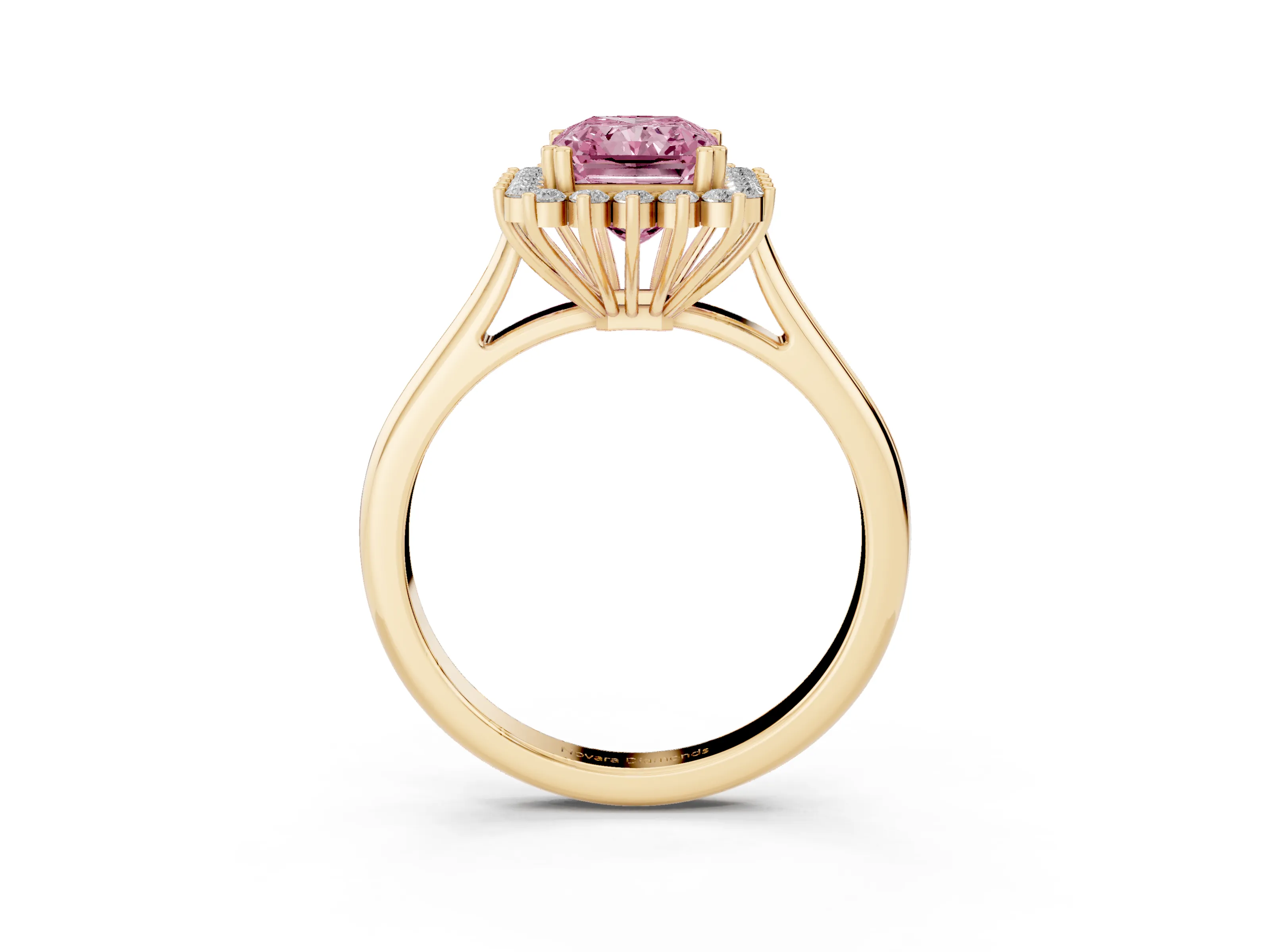 Fancy Pink Radiant Cut Diamond Halo Ring Set in Yellow gold with Plain Solitaire Band and Prong Setting