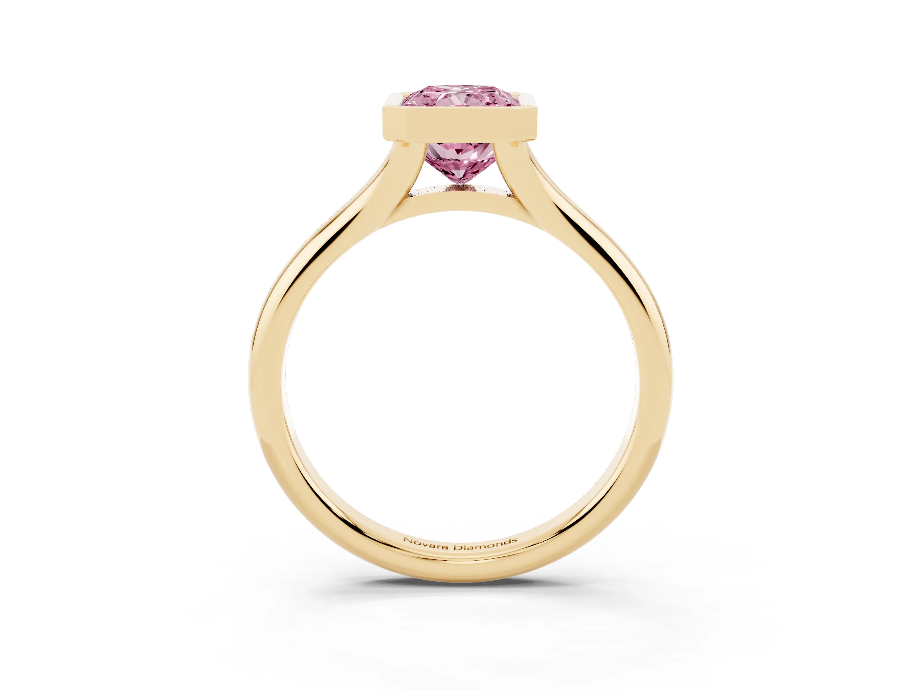 Fancy Pink Bezel Set Radiant Cut Diamond Solitaire Ring Set in Yellow gold with Smooth Band