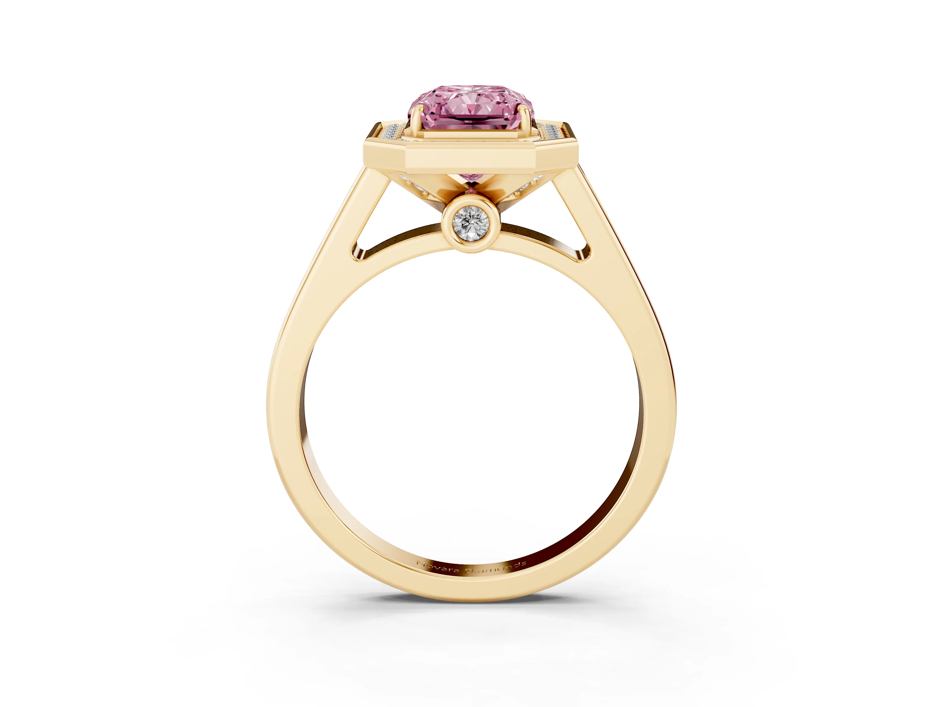 Fancy Pink Radiant Cut Diamond Halo Solitaire Ring Set in Yellow gold with Pavé Band and Bezel Setting