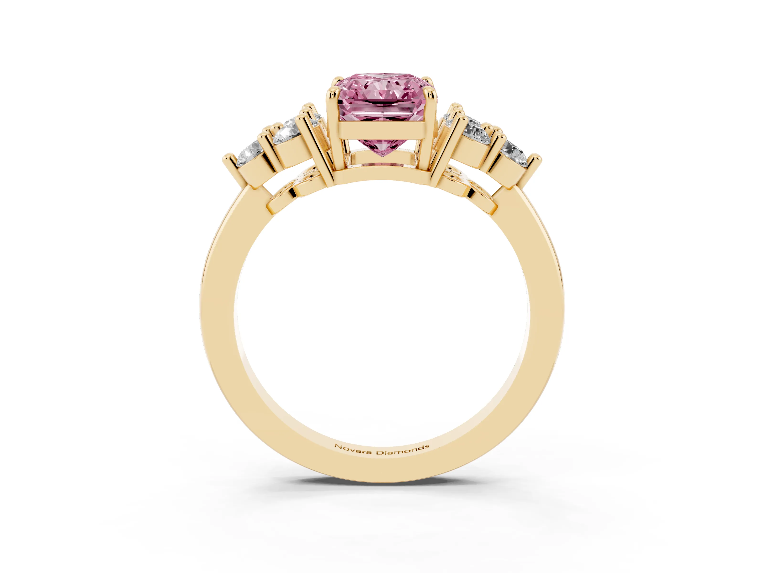 Fancy Pink Radiant Cut Diamond Solitaire Ring Set in Yellow gold with Cluster Accents on Each Side