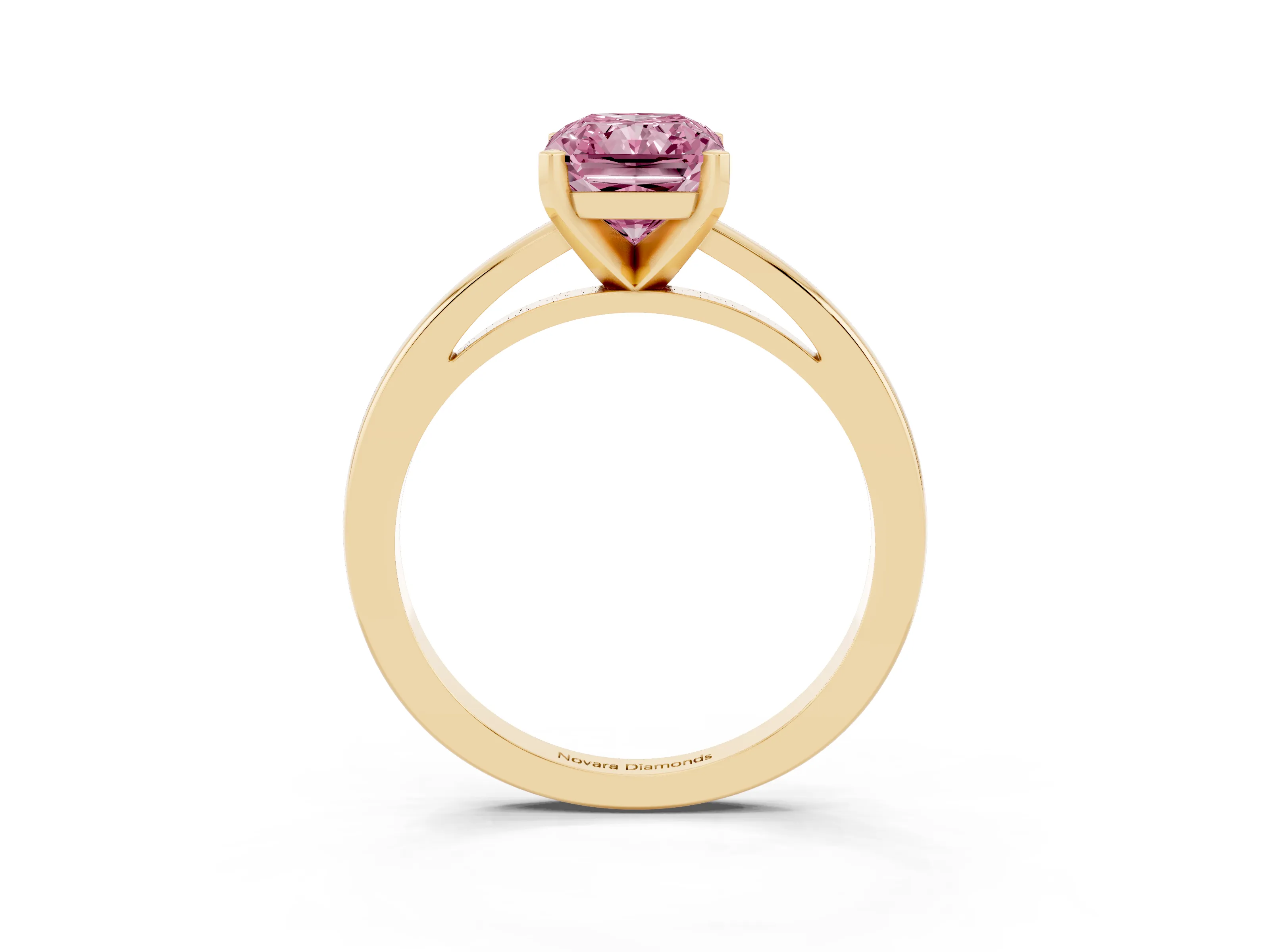 Fancy Pink Radiant Cut Diamond Solitaire Engagement Ring Set in Yellow gold with Prong Setting on a Classic Band