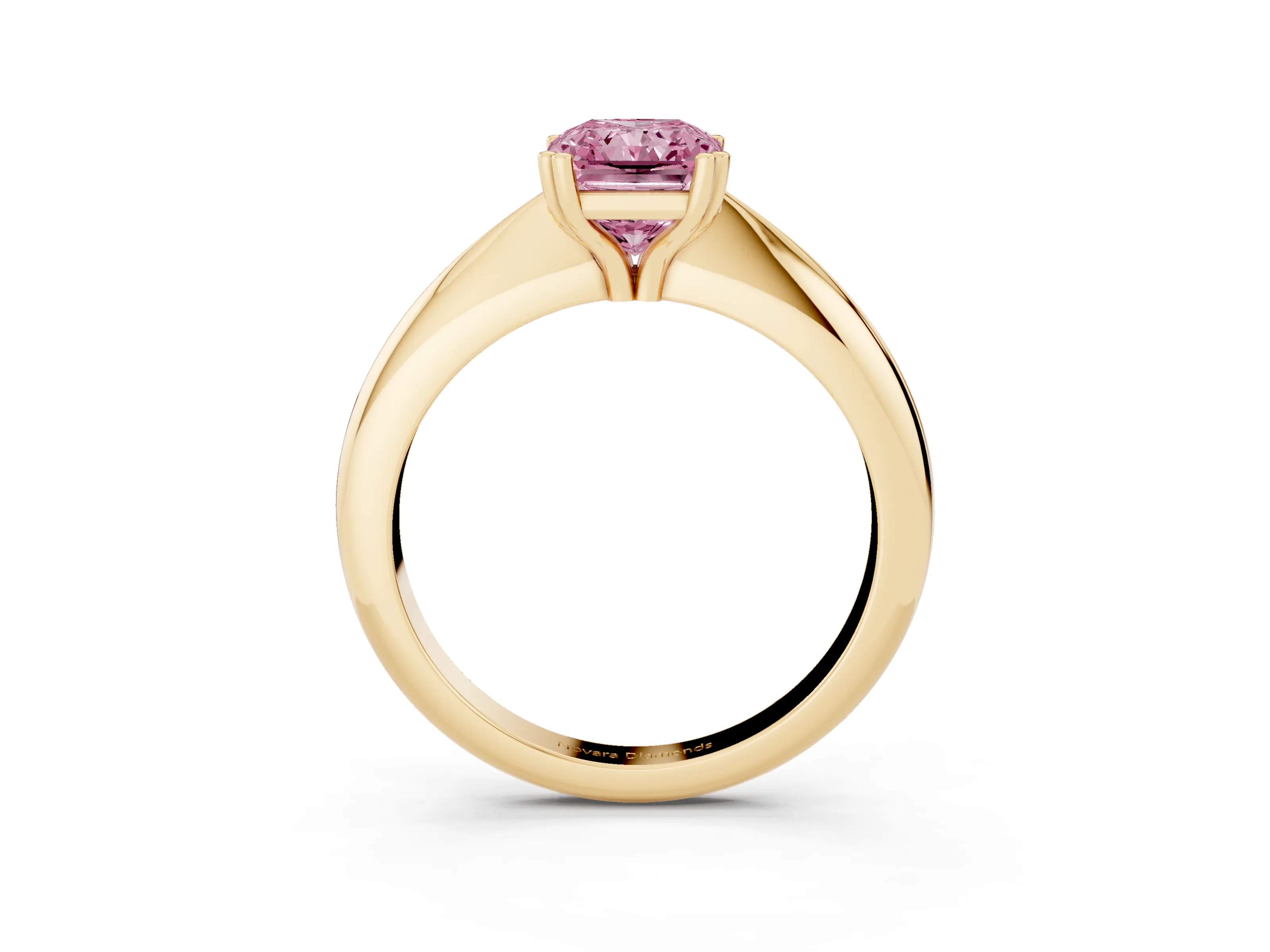 Fancy Pink Radiant Cut Diamond Solitaire Engagement Ring Set in Yellow gold with Tapered Band and Prong Setting