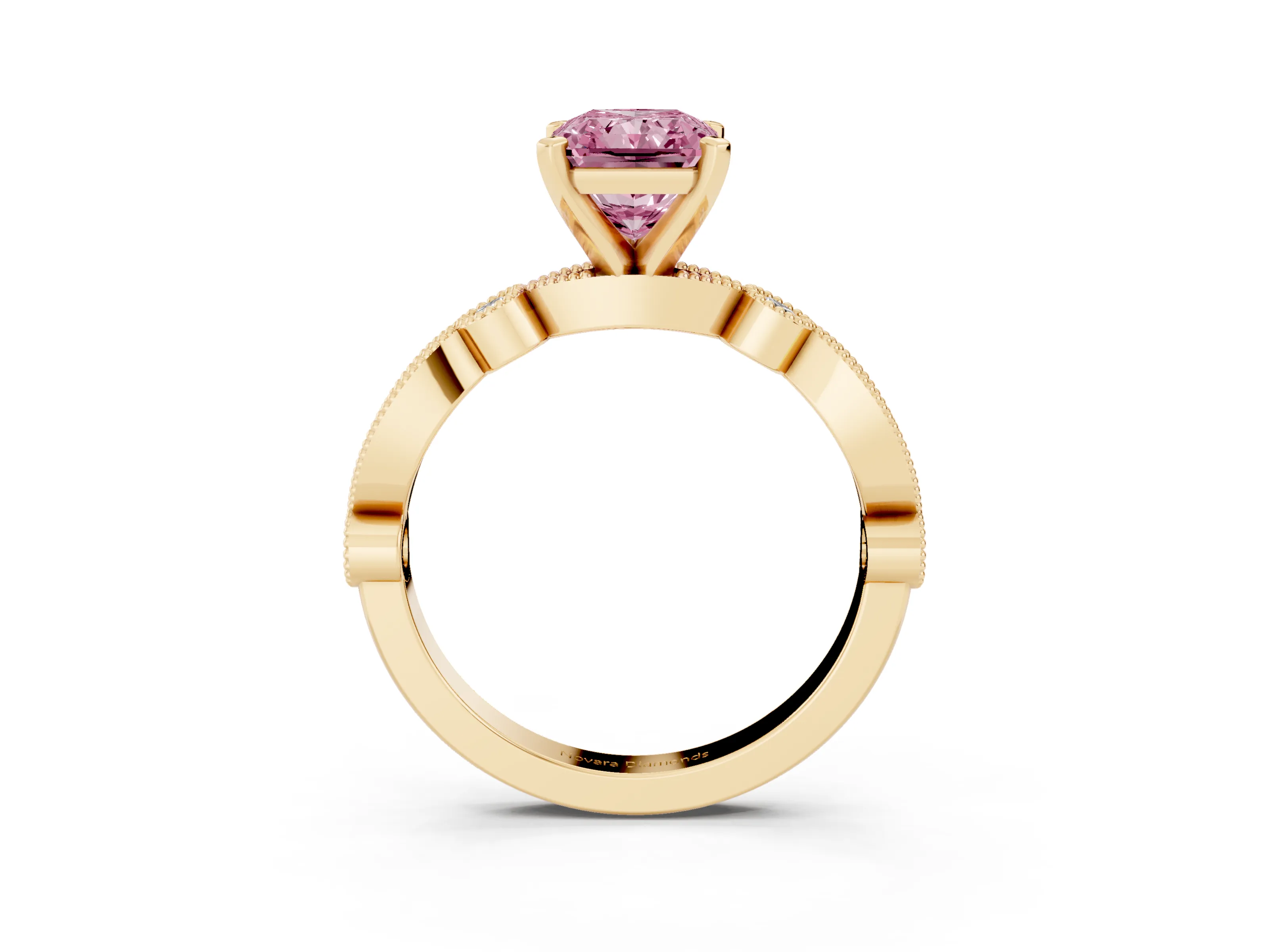 Fancy Pink Radiant Cut Diamond Solitaire Engagement Ring Set in Yellow gold with Milgrain Bezel Accent Band