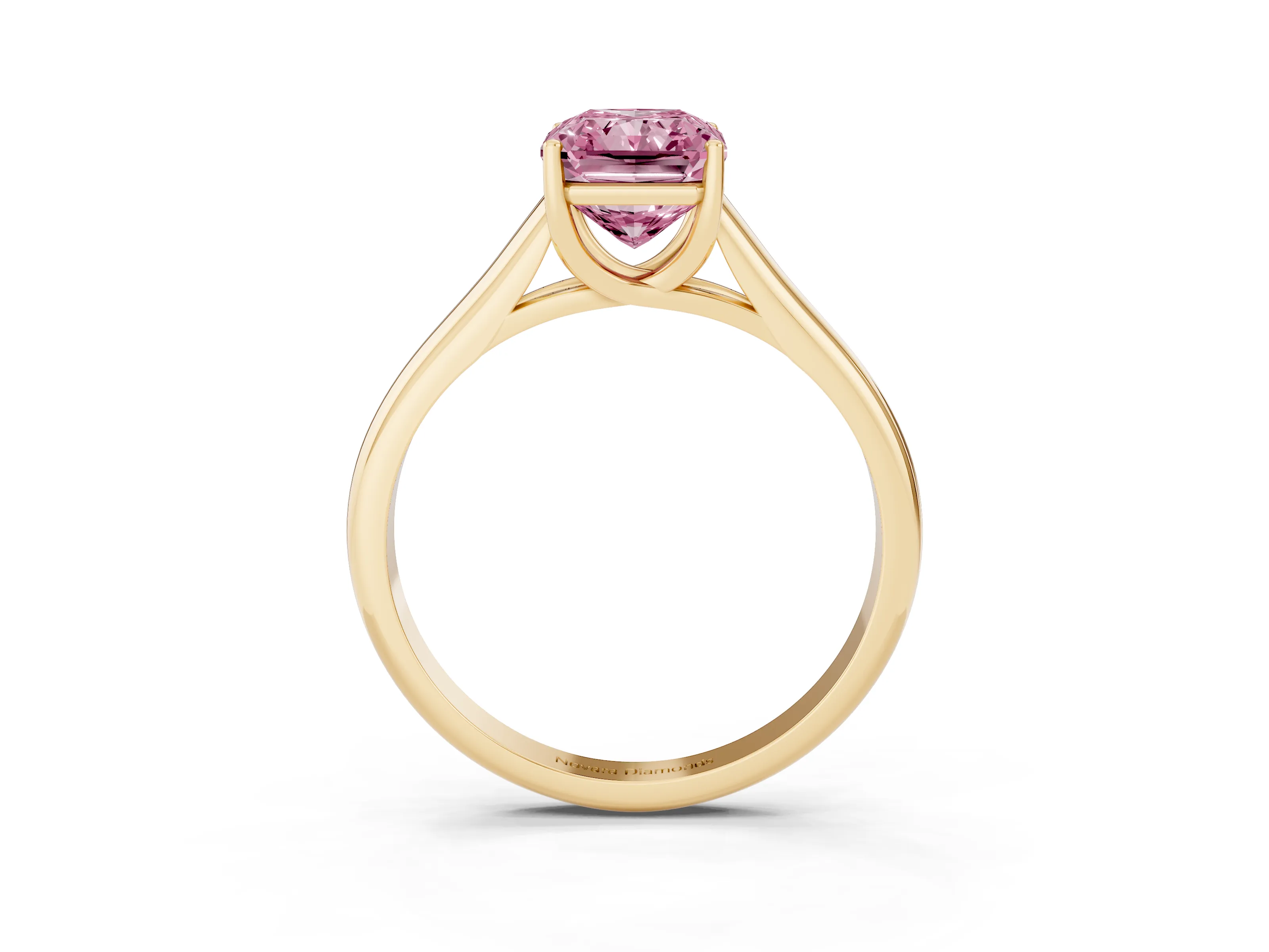 Fancy Pink Radiant Cut Diamond Solitaire Engagement Ring Set in Yellow gold with Subtly Tapered Band and Prong Setting
