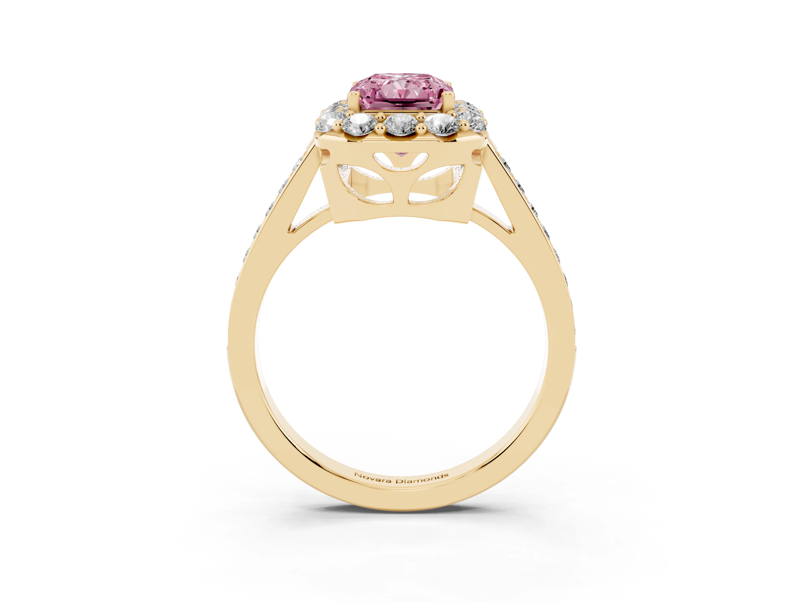 Fancy Pink Radiant Cut Diamond Floral Halo Ring Set in Yellow gold with Pavé Band and Prong Setting