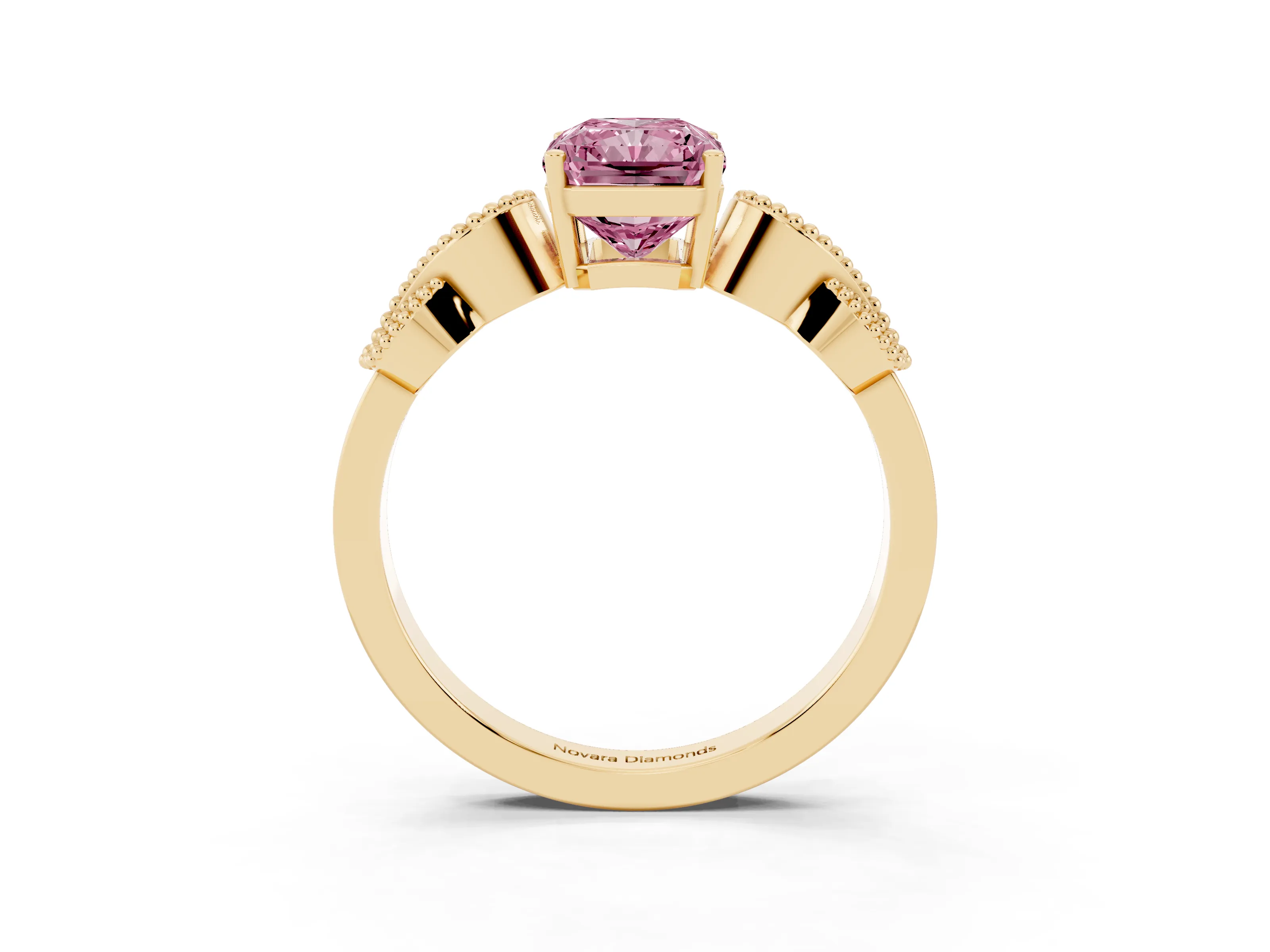 Fancy Pink Radiant Cut Diamond Milgrain Leaf Band Solitaire Ring Set in Yellow gold with Accent Stones and Prong Setting