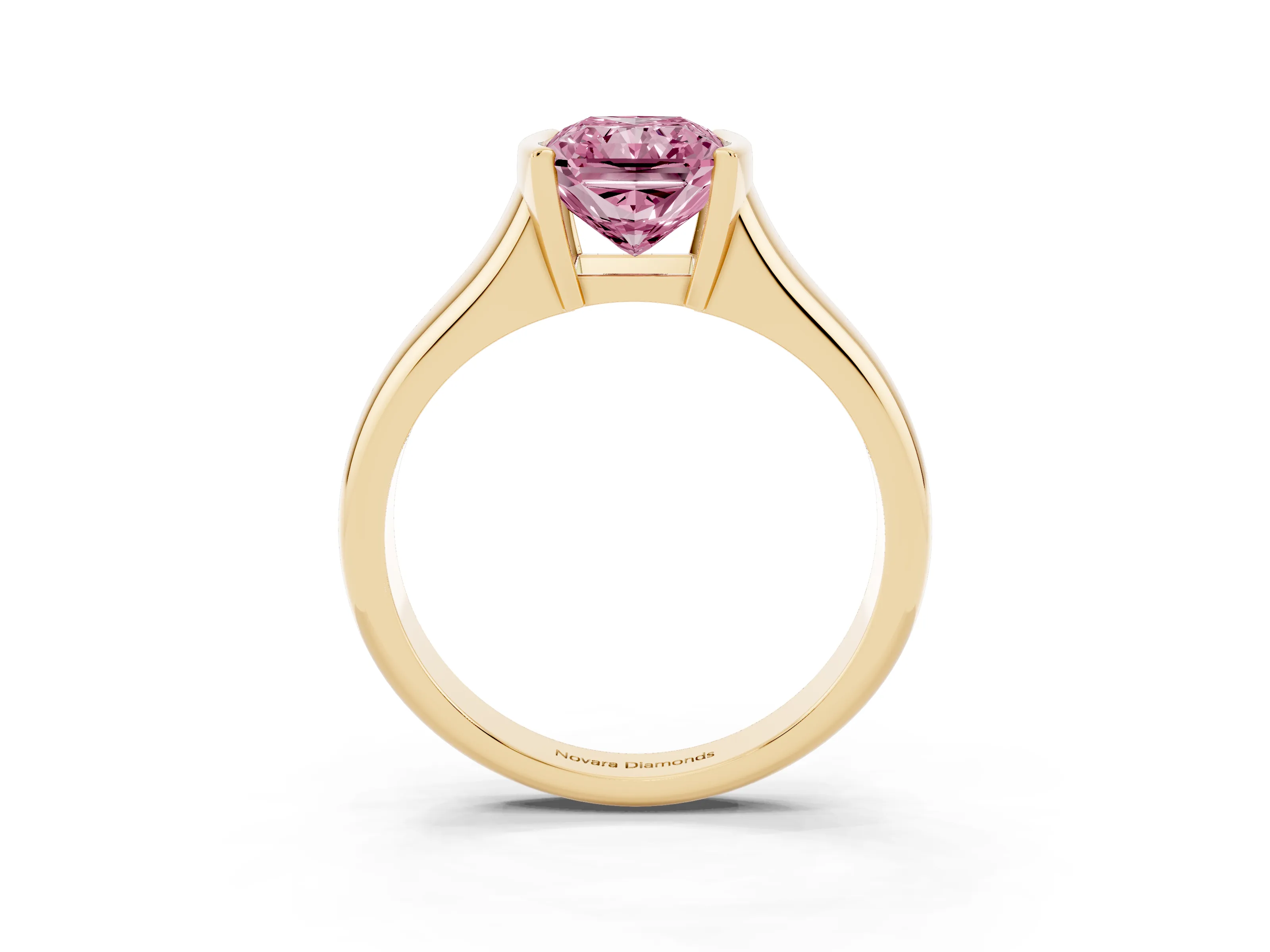 Fancy Pink Radiant Cut Diamond Solitaire Tension Set Ring Set in Yellow gold with Split Shank Band