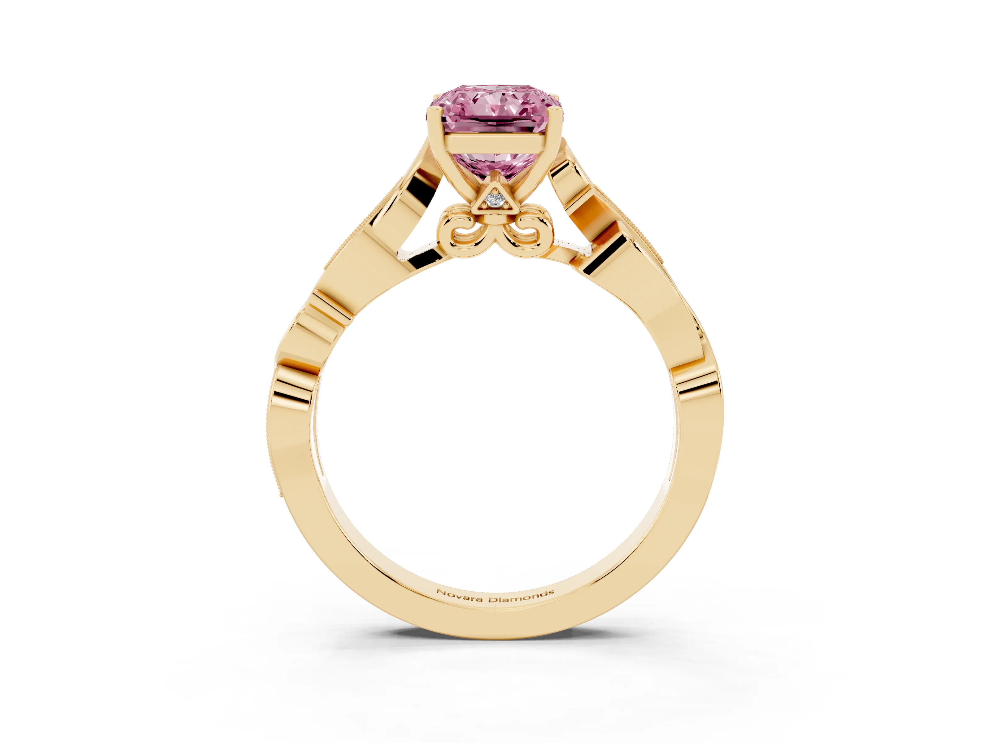 Fancy Pink Radiant Cut Diamond Vine Band Solitaire Ring Set in Yellow gold with Milgrain Prong Setting