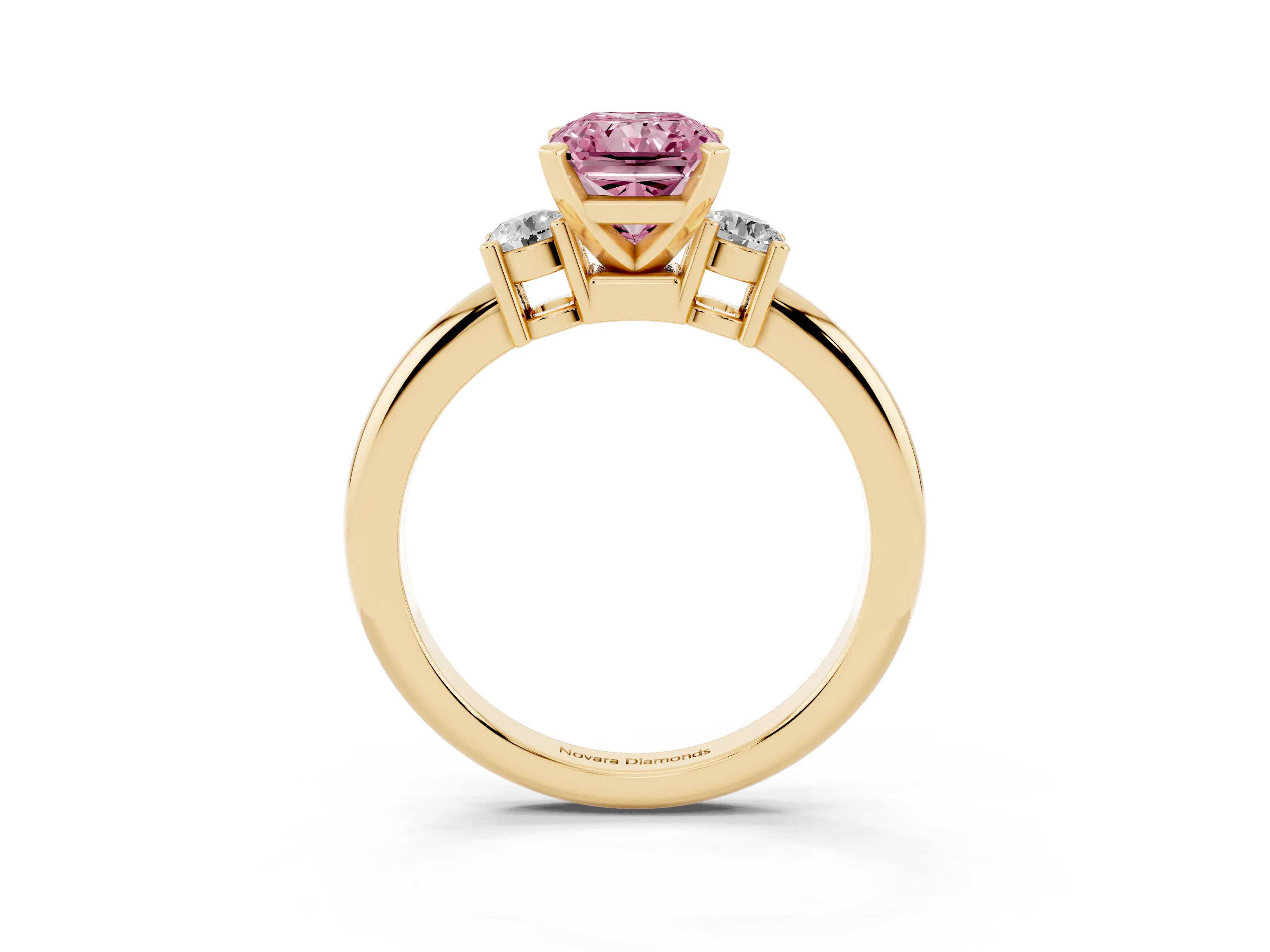 Fancy Pink Three-Stone Radiant Cut Diamond Ring Set in Yellow gold with Prong Setting and Plain Band