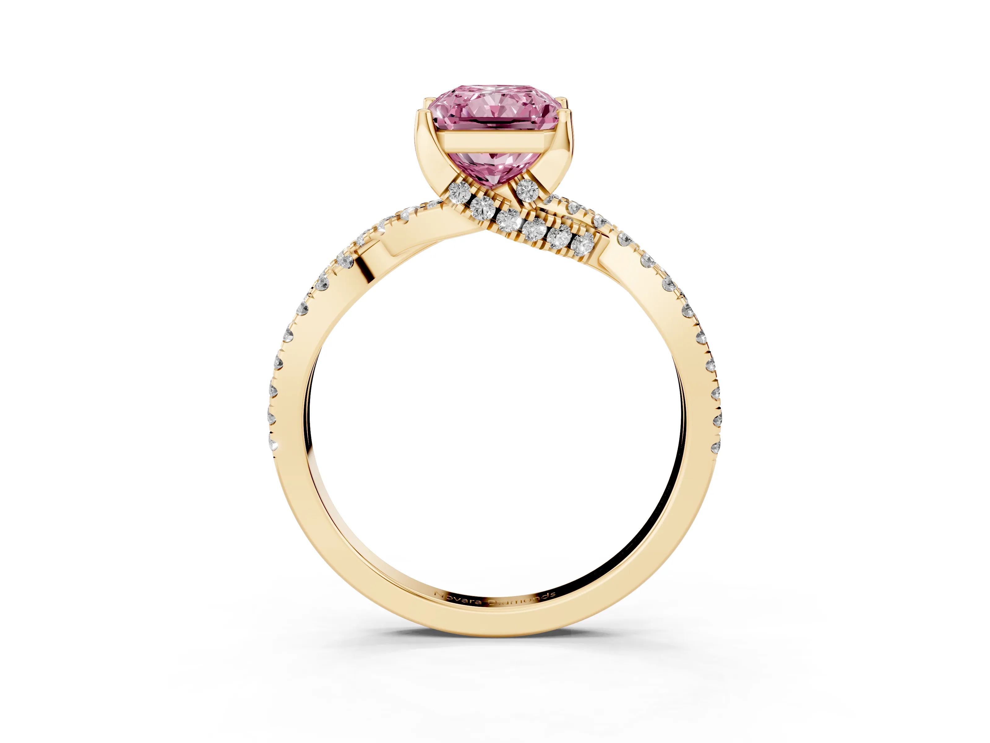 Fancy Pink Radiant Cut Diamond Twist Pavé Solitaire Engagement Ring Set in Yellow gold with Prong Setting