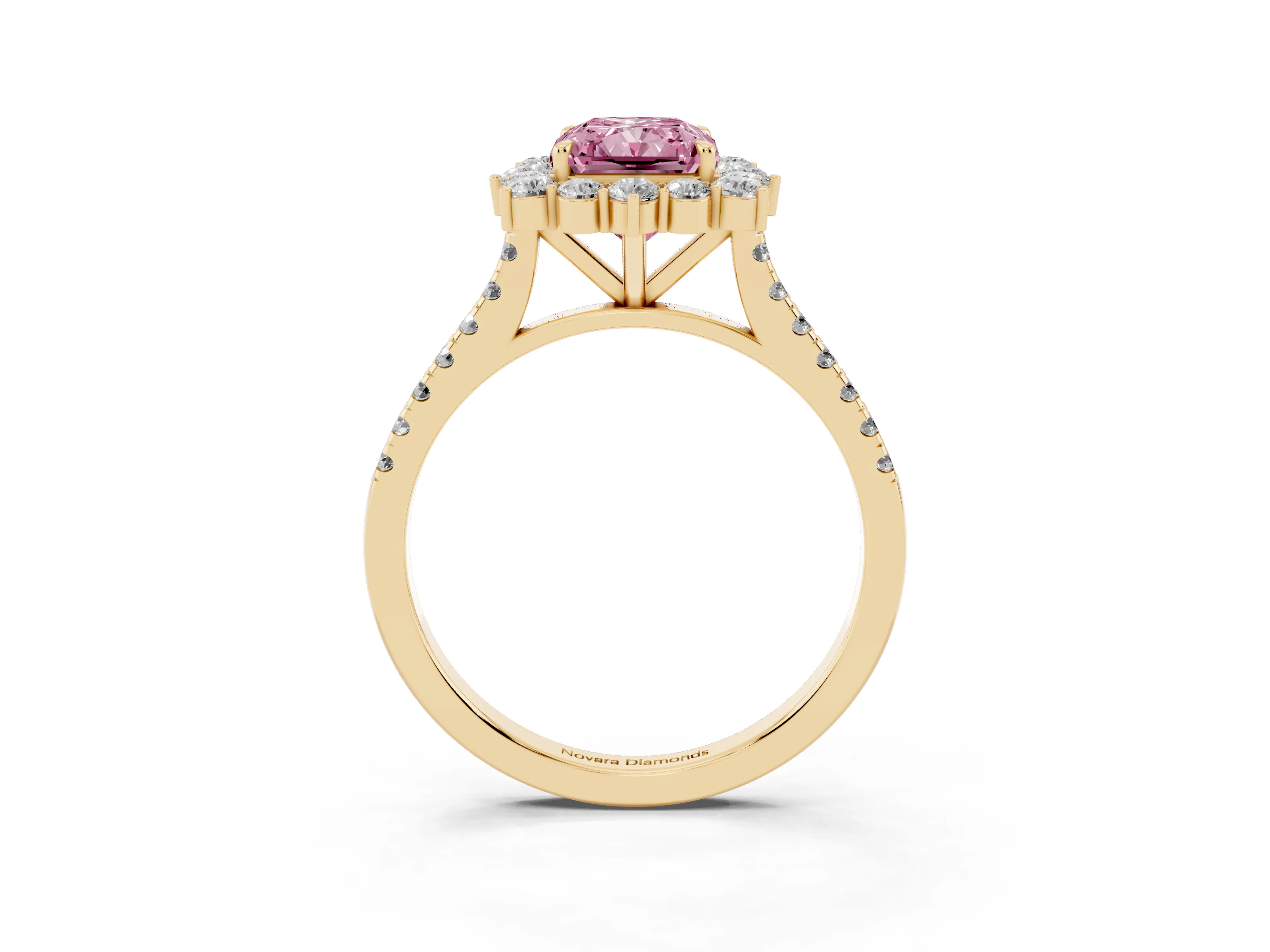 Fancy Pink Radiant Cut Diamond Halo Ring Set in Yellow gold with Pavé Band and Prong Setting