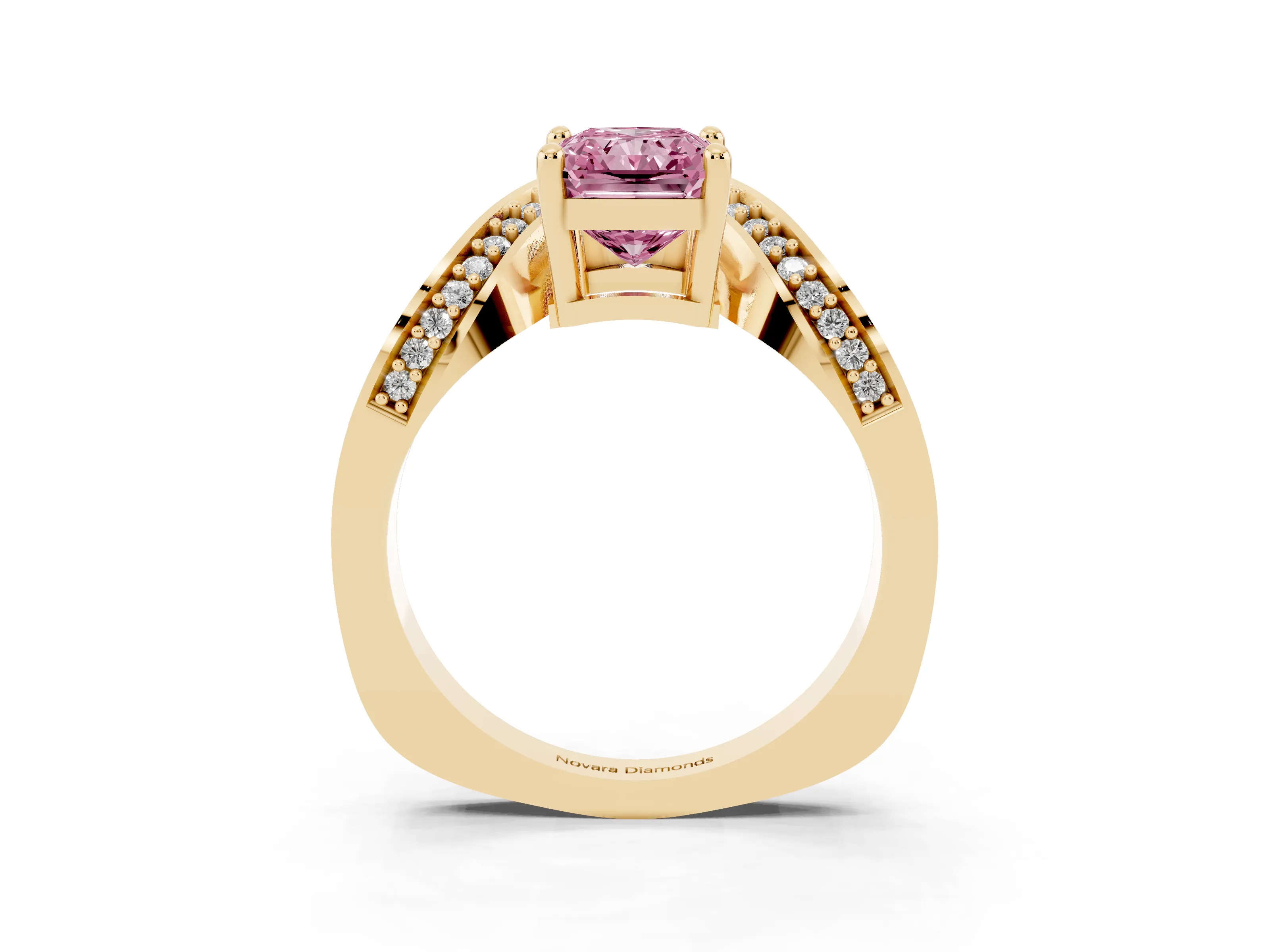 Fancy Pink Radiant Cut Diamond Solitaire Engagement Ring Set in Yellow gold with Pavé Shoulders