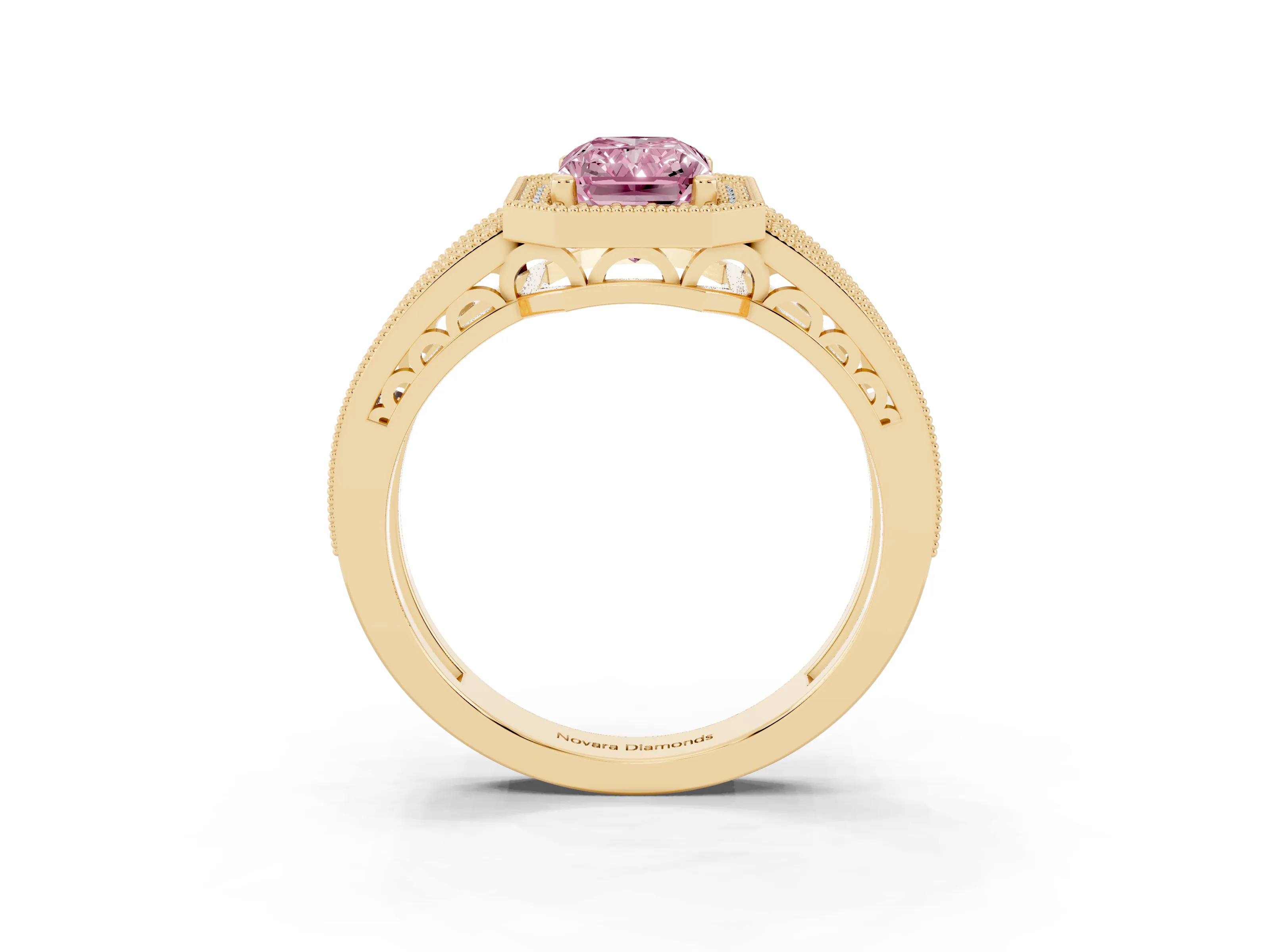 Fancy Pink Radiant Cut Diamond Halo Ring Set in Yellow gold with Accent Split Shank and Prong Setting