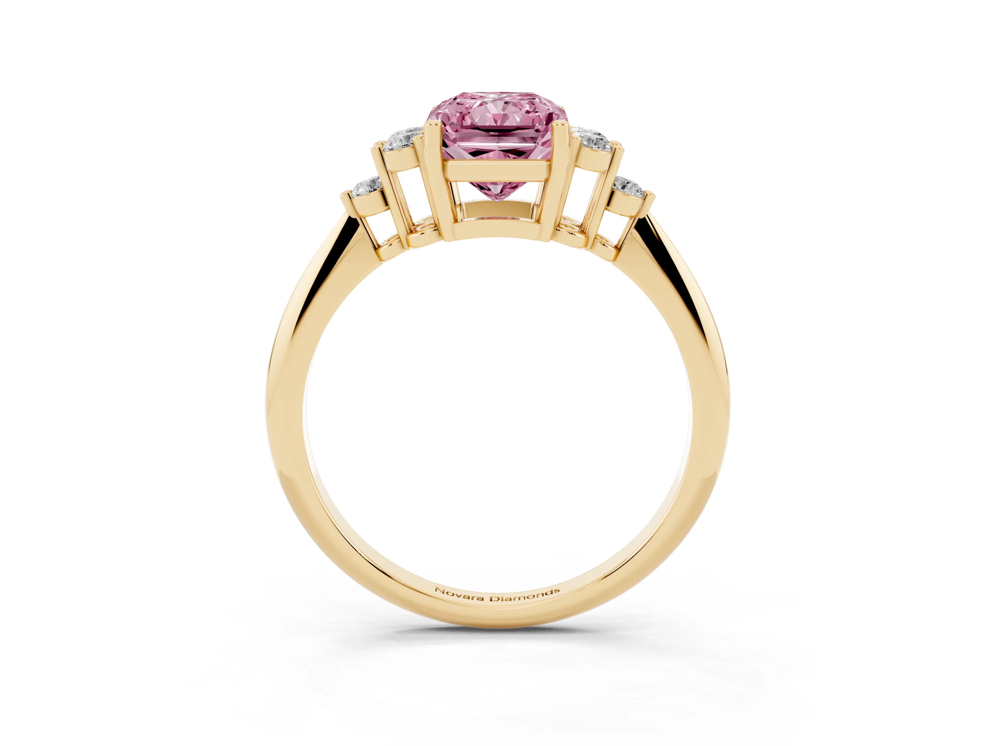 Fancy Pink Radiant Cut Diamond Cluster Ring Set in Yellow gold with Plain Band and Prong Setting