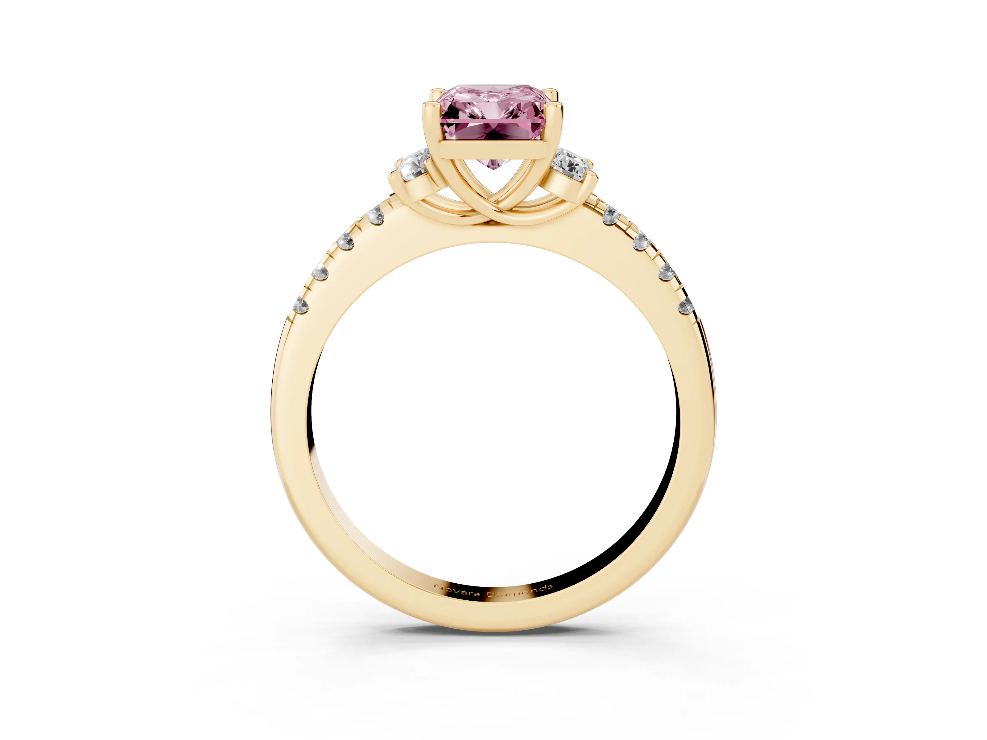 Fancy Pink Radiant Cut Diamond Three-Stone Pavé Ring Set in Yellow gold with Prong Setting