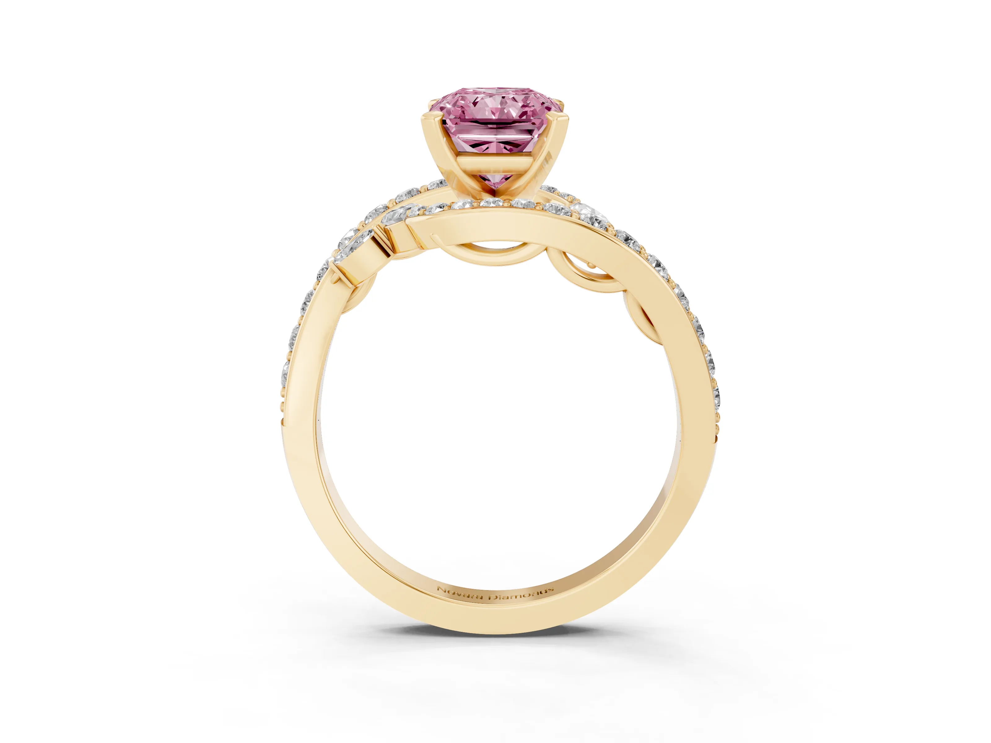 Fancy Pink Radiant Cut Diamond Solitaire Ring Set in Yellow gold with Pavé Twist Band and Secure Prong Setting