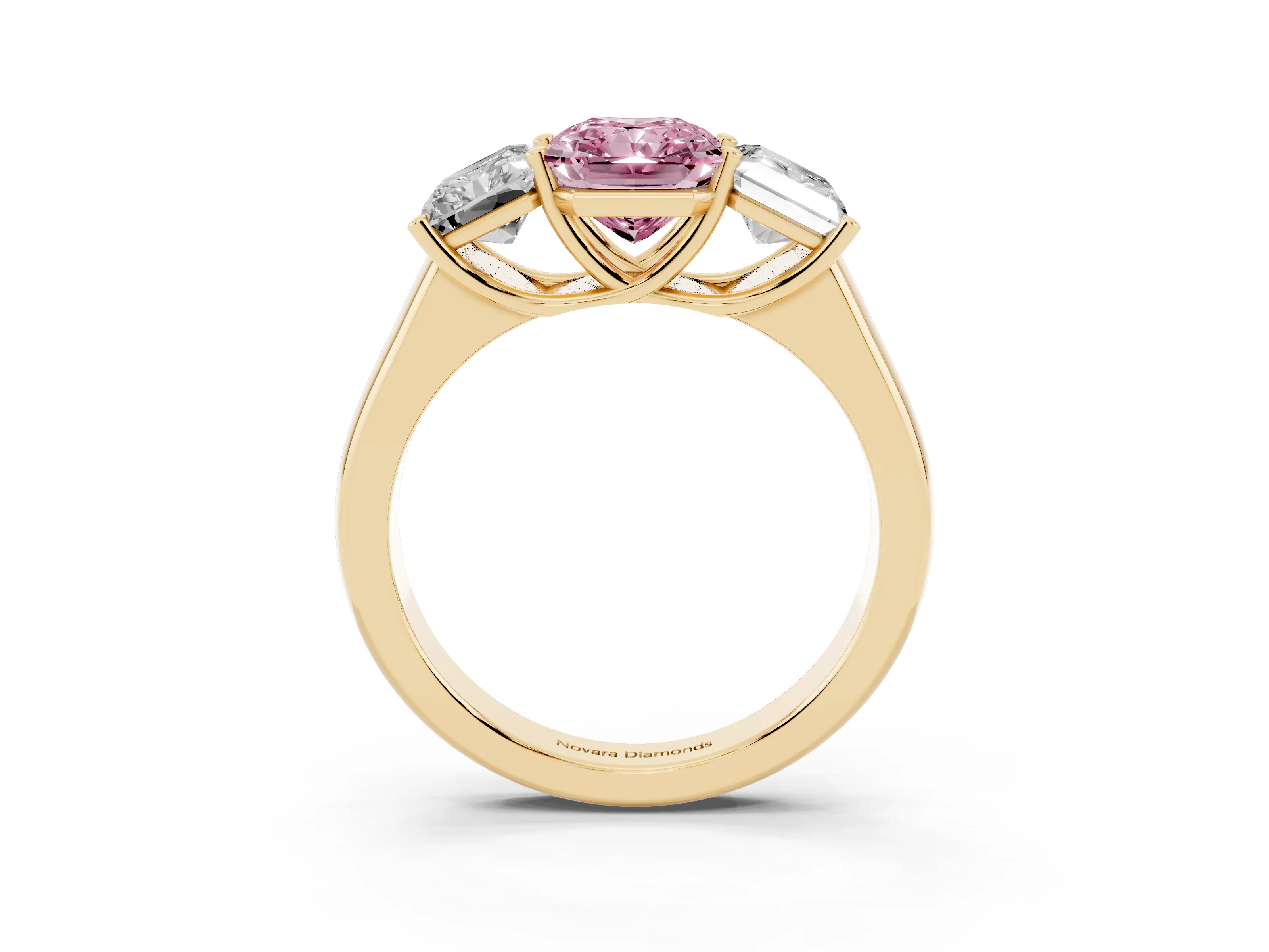 Fancy Pink Radiant Cut Diamond Three-Stone Ring Set in Yellow gold with Plain Polished Band