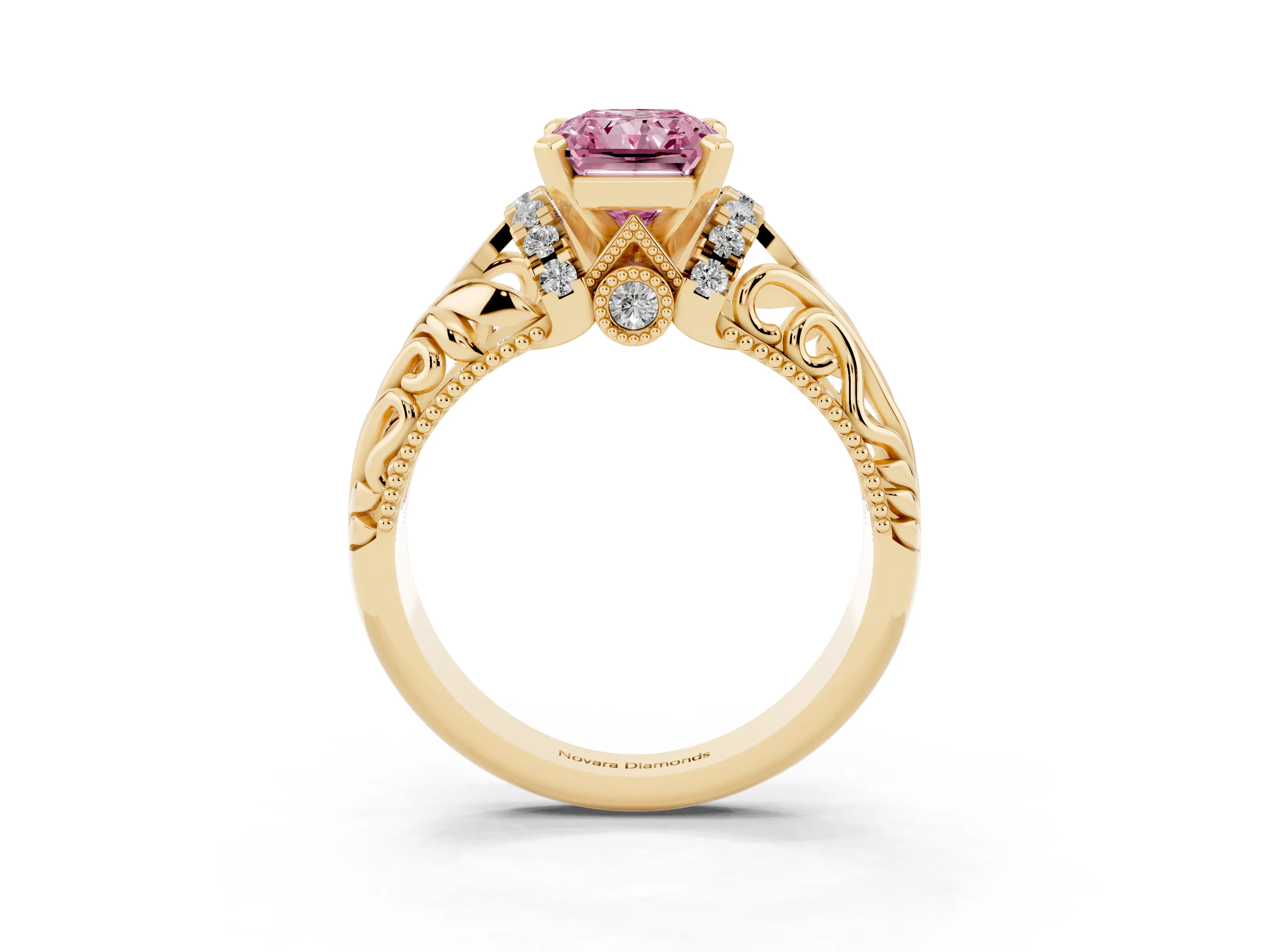 Fancy Pink Radiant Cut Diamond Filigree Halo Engagement Ring Set in Yellow gold with Prong Setting