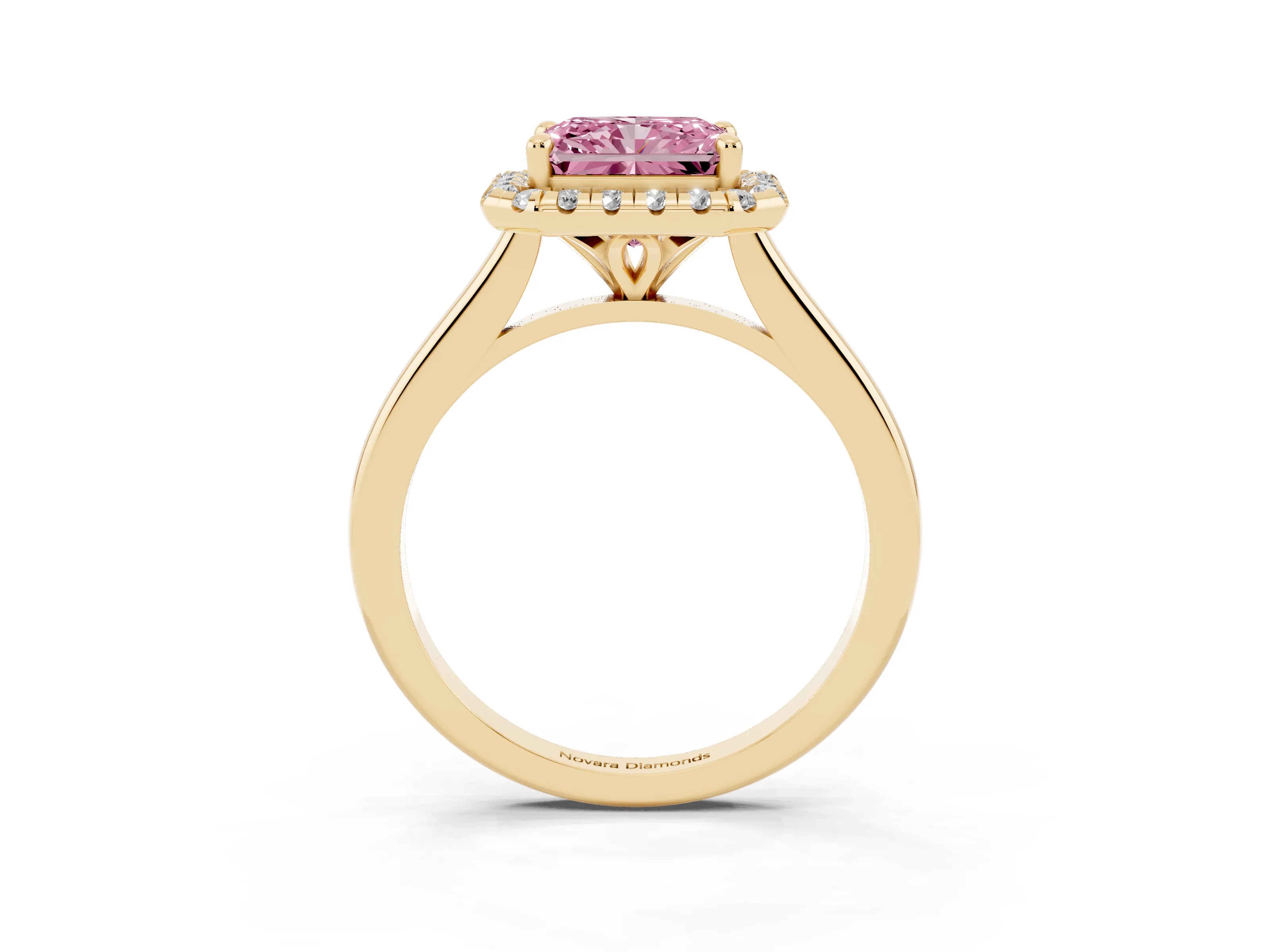 Fancy Pink Radiant Cut Diamond Halo Engagement Ring Set in Yellow gold with Pavé Band and Rising Shoulders
