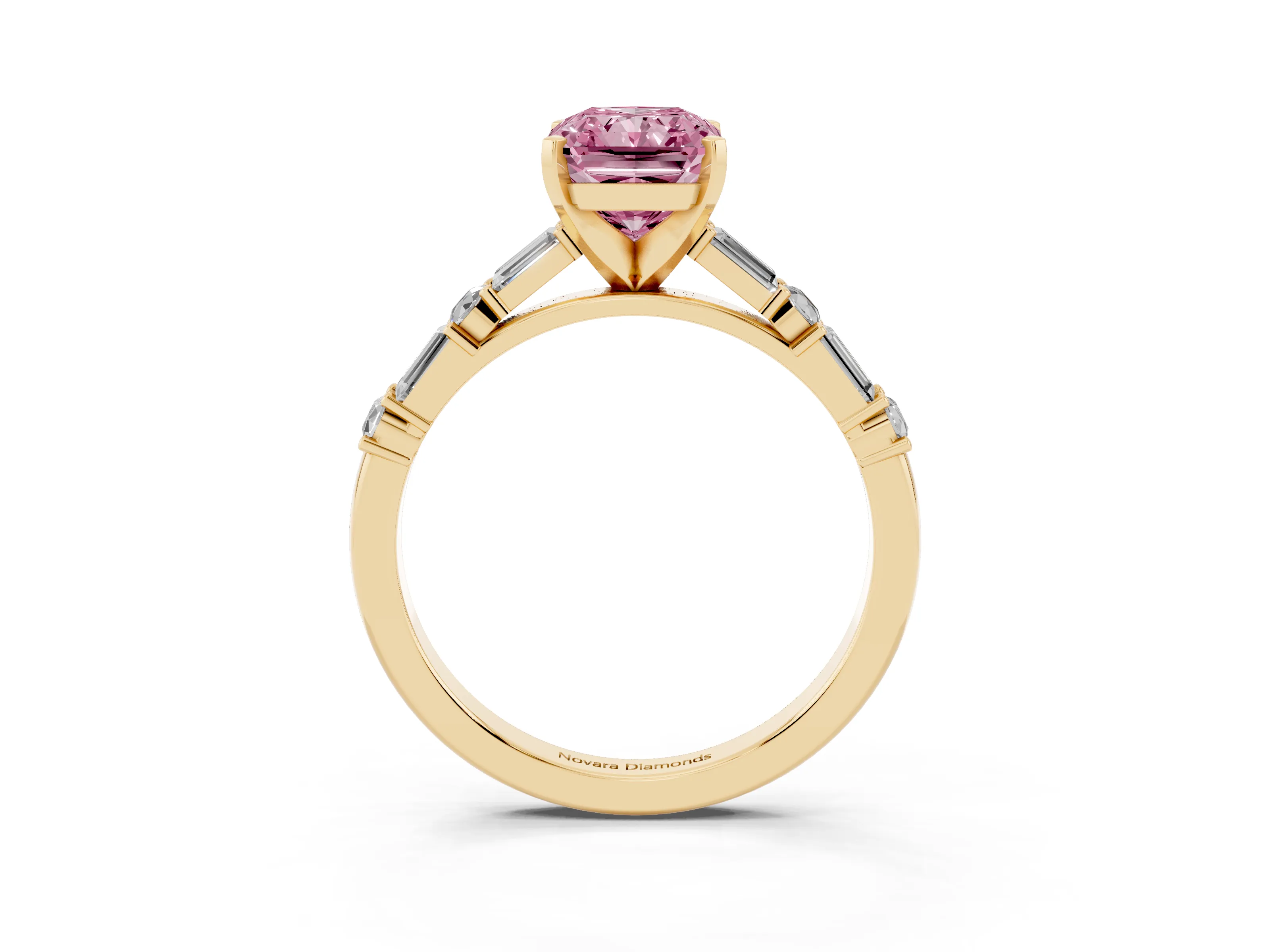 Fancy Pink Radiant Cut Diamond Solitaire Set in Yellow gold with Side Baguettes and Channel Set Band