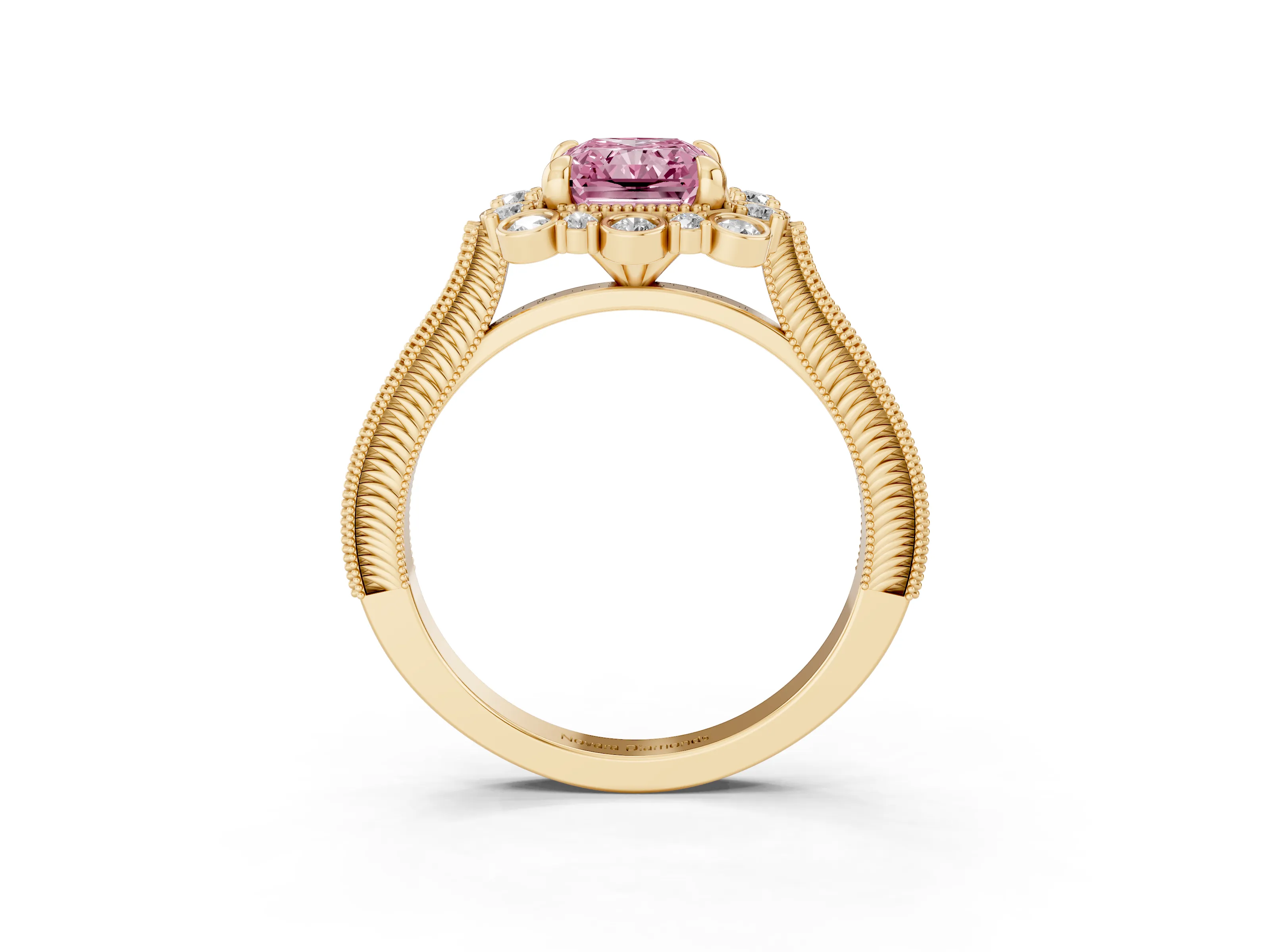 Fancy Pink Radiant Cut Diamond Halo Milgrain Pavé Ring Set in Yellow gold with Prong Setting
