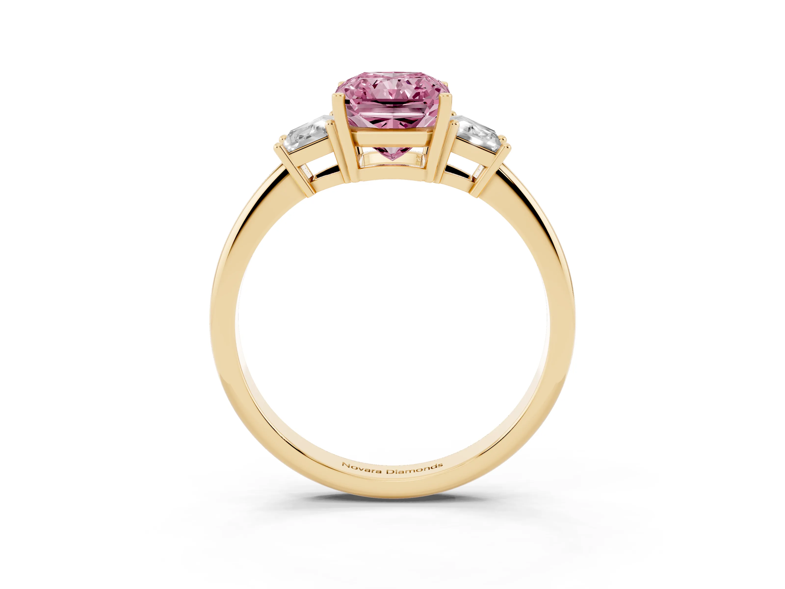 Fancy Pink Radiant Cut Diamond Three-Stone Ring Set in Yellow gold with Trapezoid Side Stones and Prong Setting