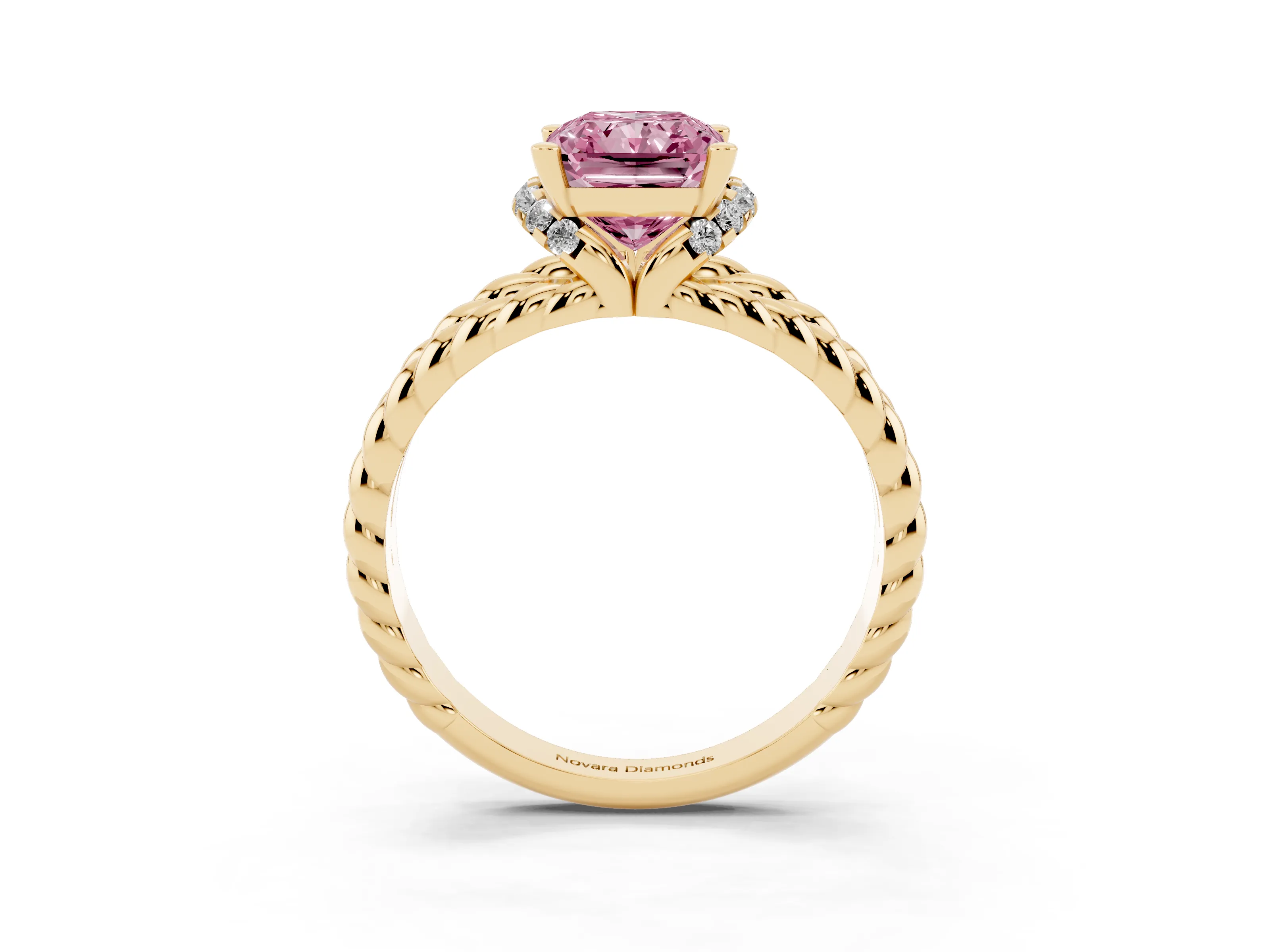 Fancy Pink Radiant Cut Diamond Halo Ring Set in Yellow gold with Twisted Band and Prong Setting