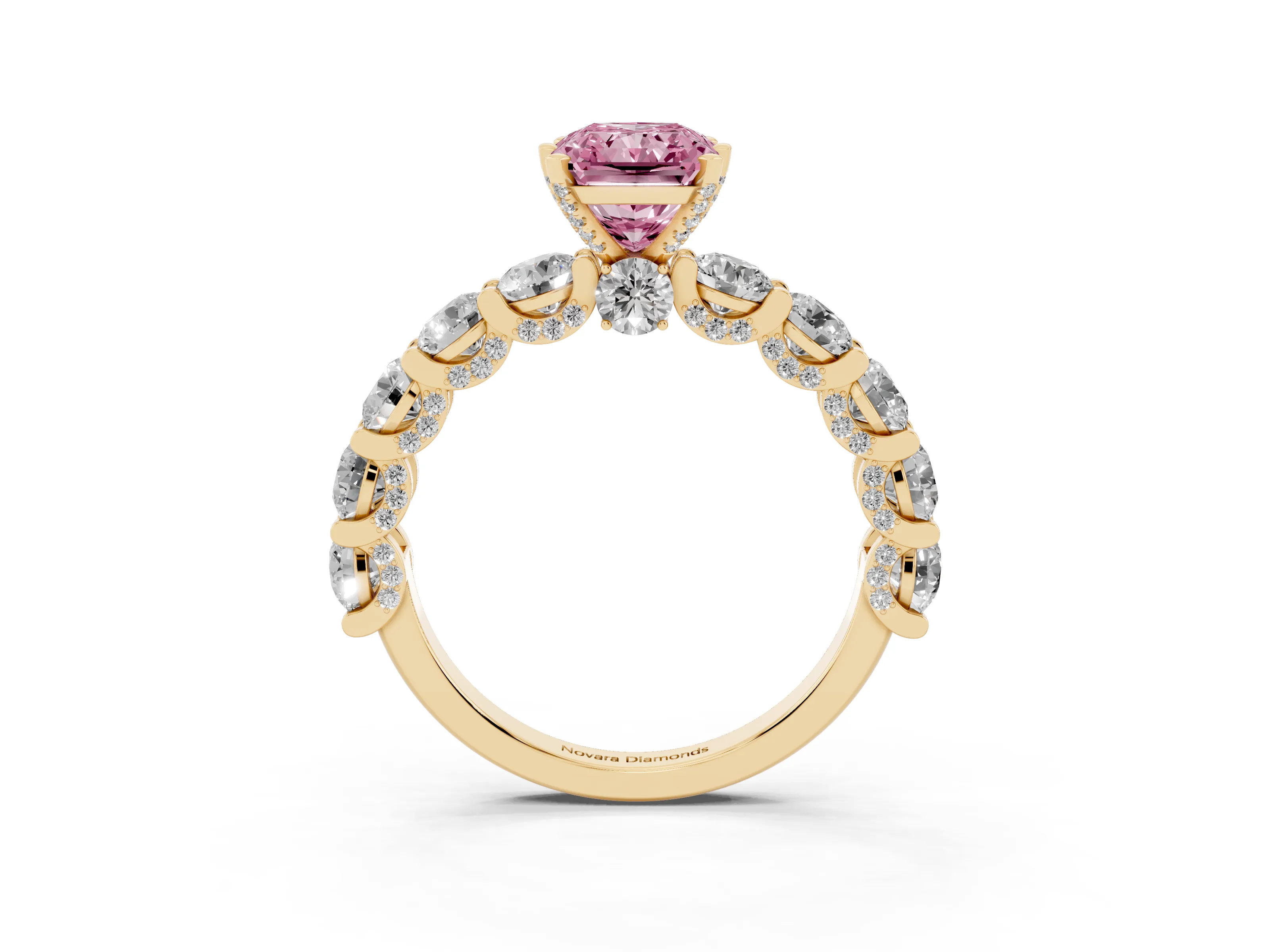 Fancy Pink Radiant Cut Diamond Side Stone Ring Set in Yellow gold with Alternating Round and Oval Side Stones