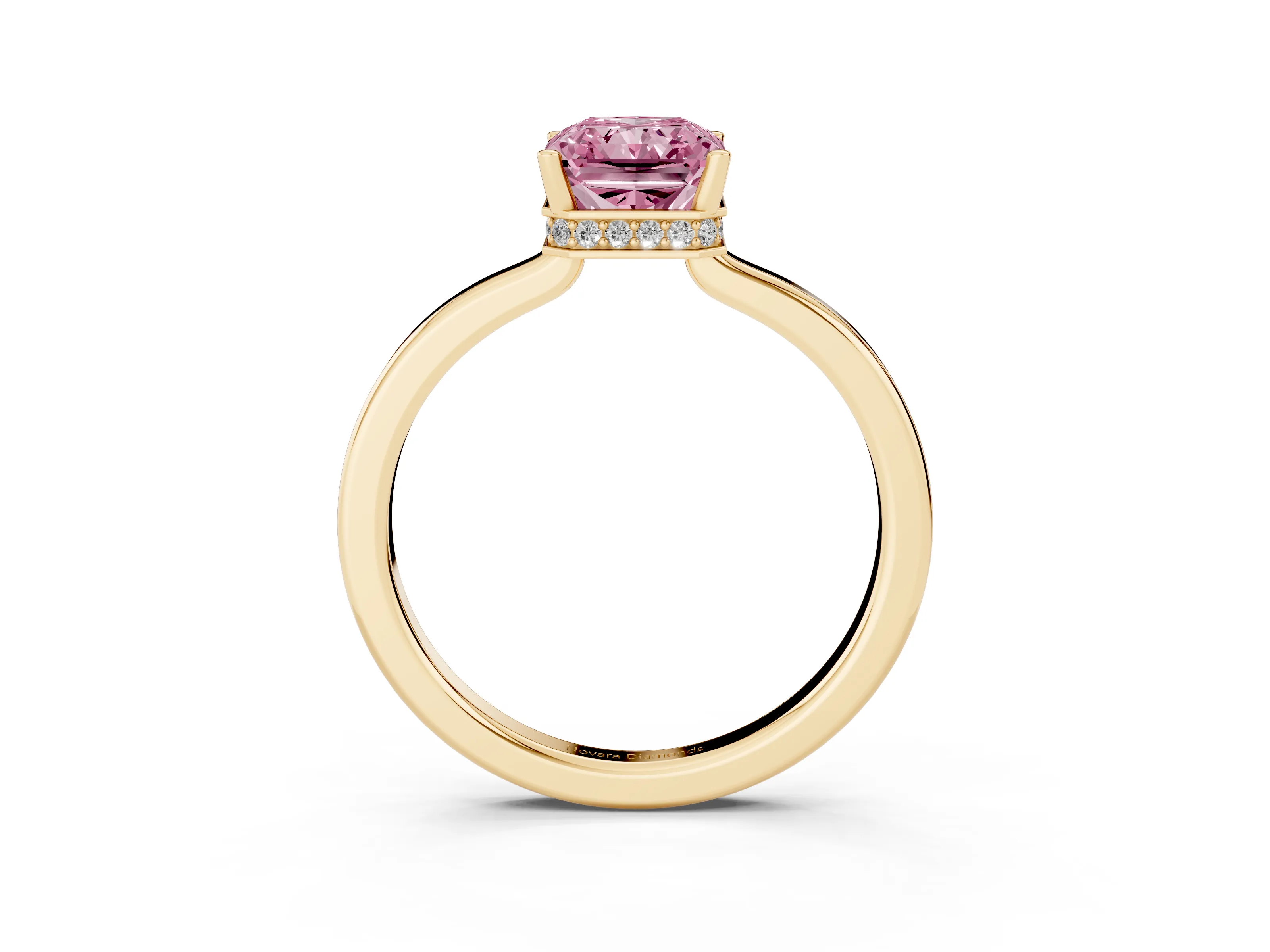 Fancy Pink Radiant Cut Diamond Solitaire Engagement Ring Set in Yellow gold with Prong Setting on a Plain Band