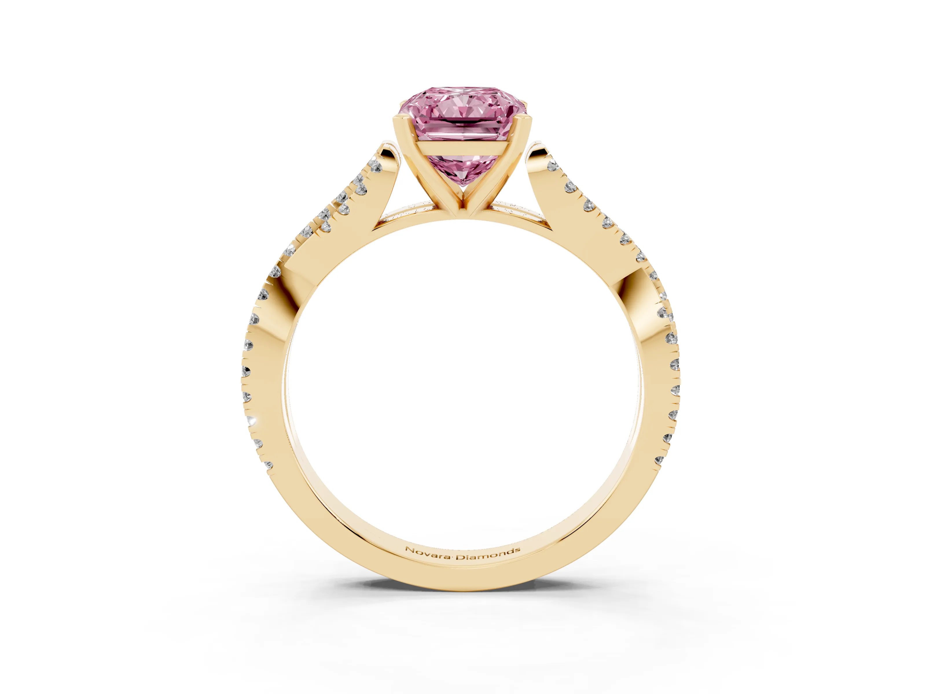 Fancy Pink Radiant Cut Diamond Solitaire Engagement Ring Set in Yellow gold with Twisted Pavé Band and Prong Setting