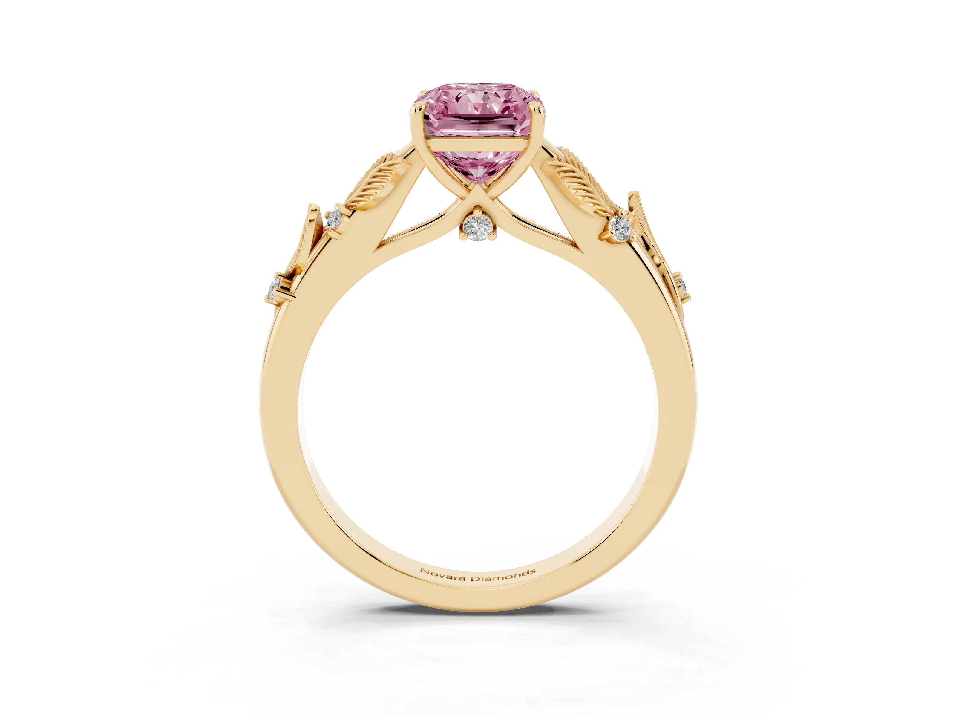 Fancy Pink Radiant Cut Diamond Solitaire Ring Set in Yellow gold with Leaf Motif Band
