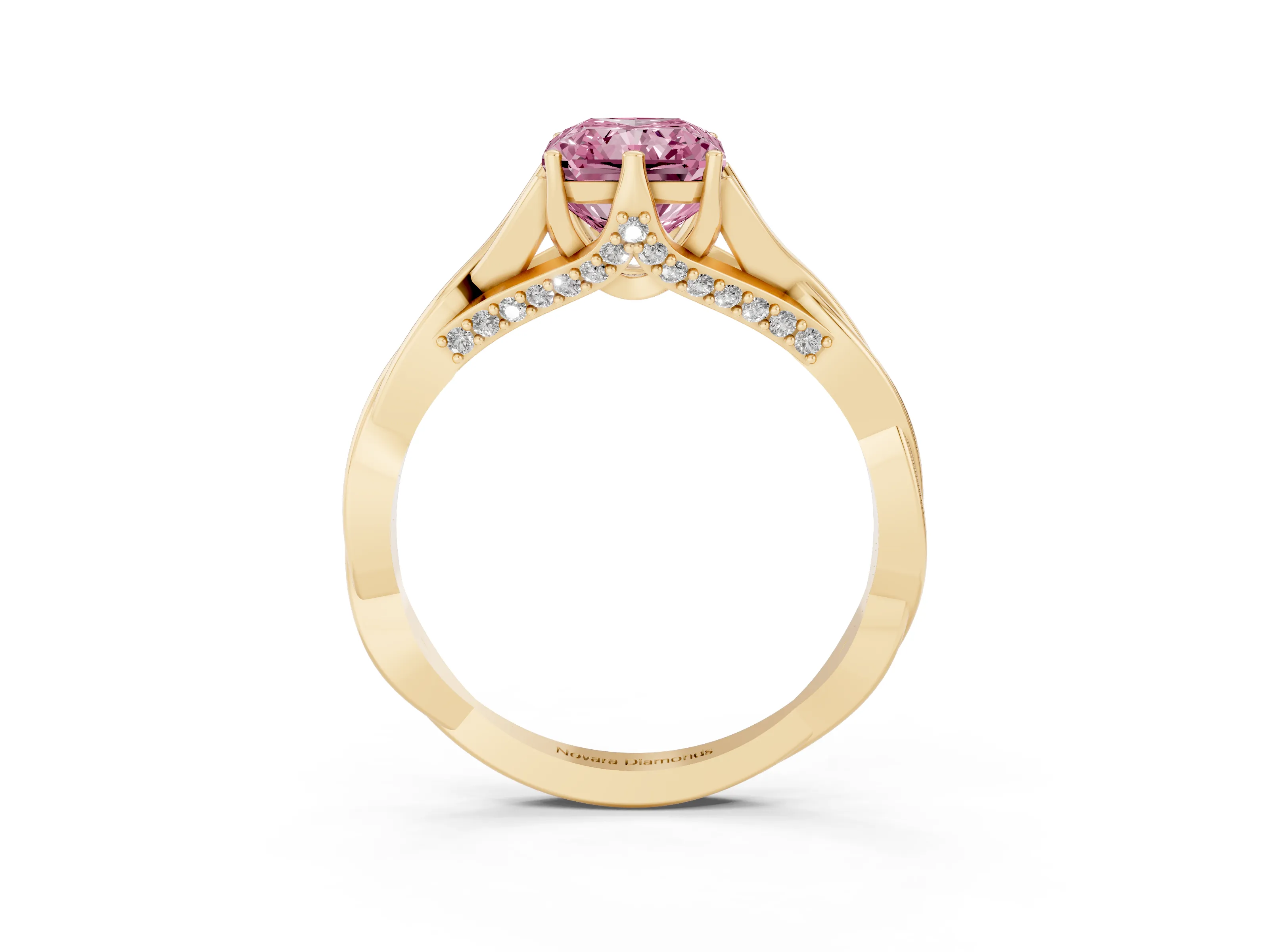 Fancy Pink Radiant Cut Diamond Intertwined Twist Band Solitaire Ring Set in Yellow gold with Prong Setting