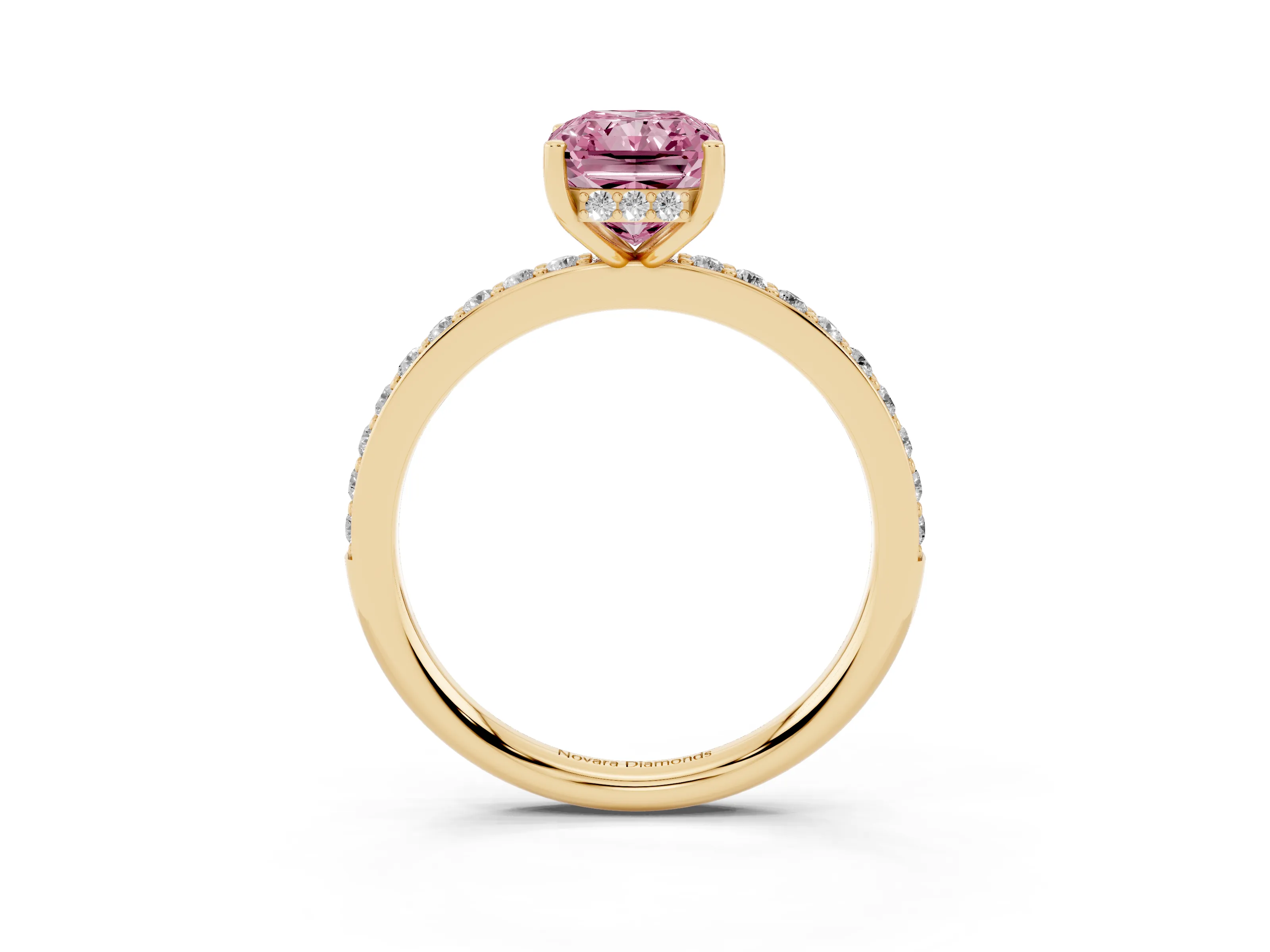 Fancy Pink Radiant Cut Diamond Pavé Band Ring Set in Yellow gold with Prong-Set Center Stone