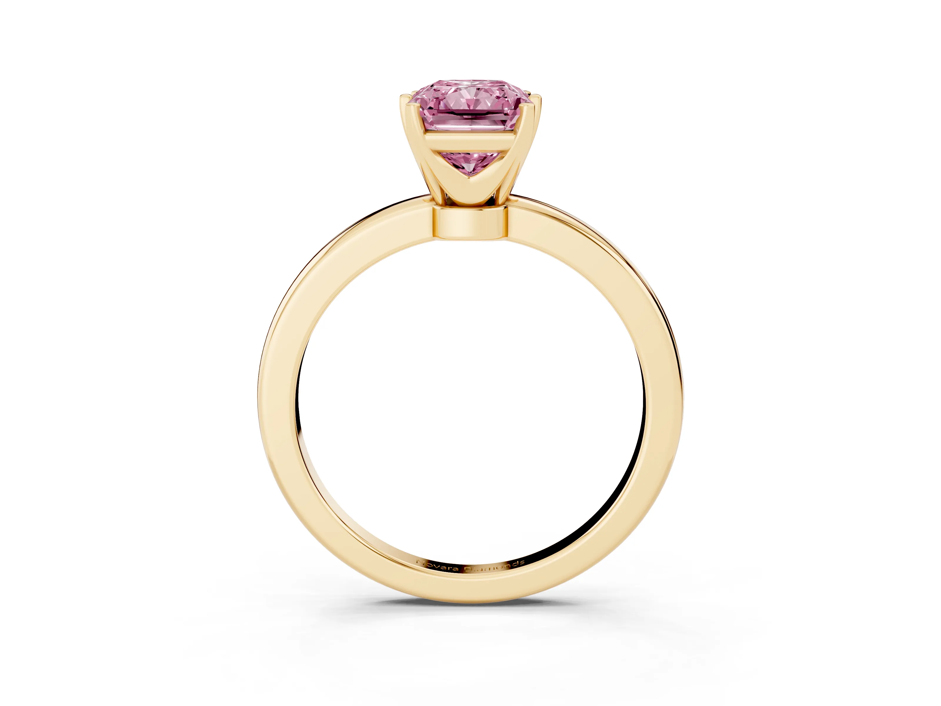 Fancy Pink Radiant Cut Diamond Solitaire Ring Set in Yellow gold with Raised Prong Setting on a Classic Band