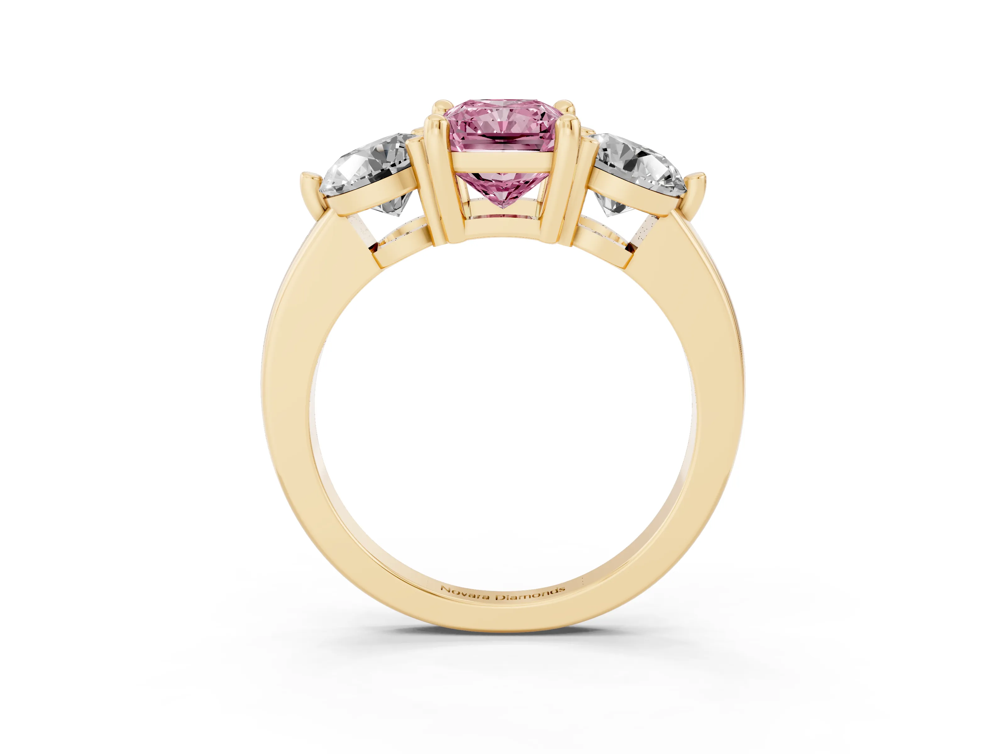 Fancy Pink Radiant Cut Diamond Three-Stone Ring Set in Yellow gold with Prong Setting and Classic Band