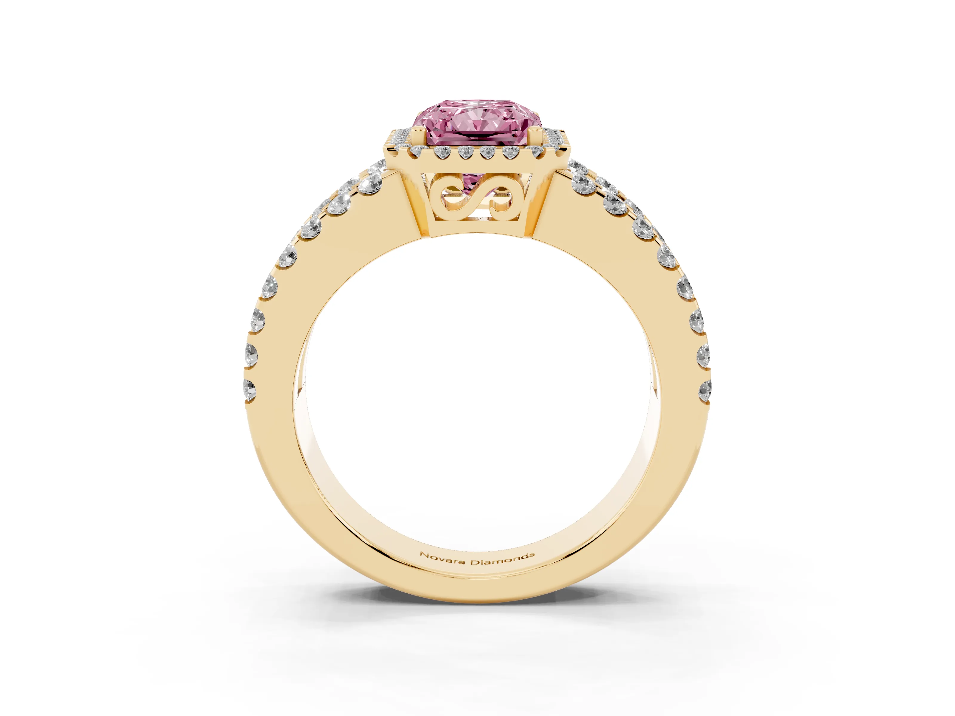 Fancy Pink Radiant Cut Diamond Halo Ring Set in Yellow gold with Pavé Split Shank and Prong Setting