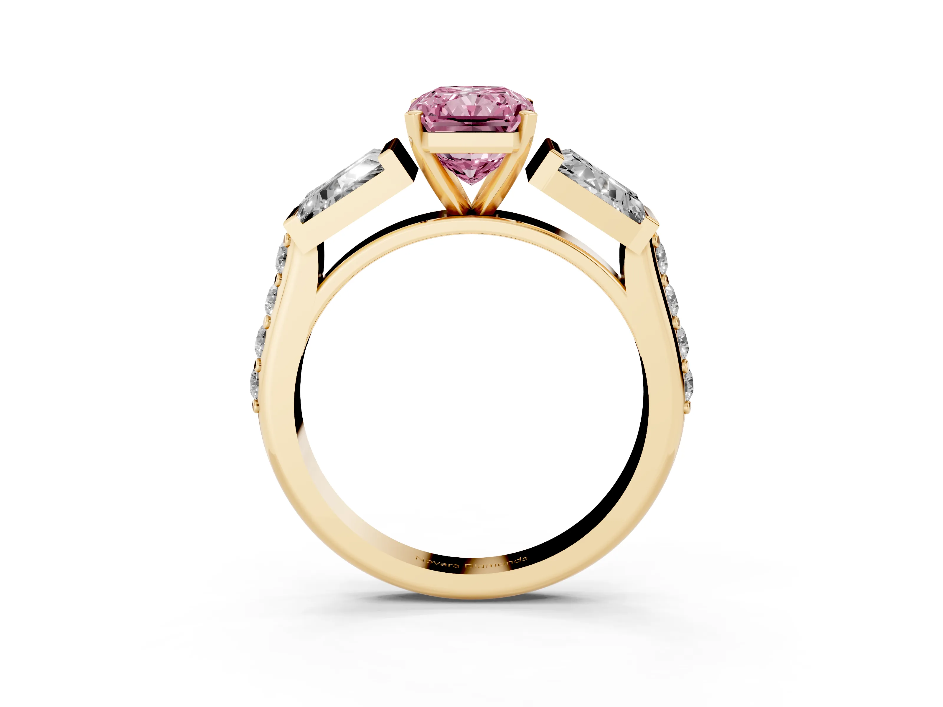 Fancy Pink Radiant Cut Diamond Engagement Ring Set in Yellow gold with Baguette Side Stones and Channel Set Band
