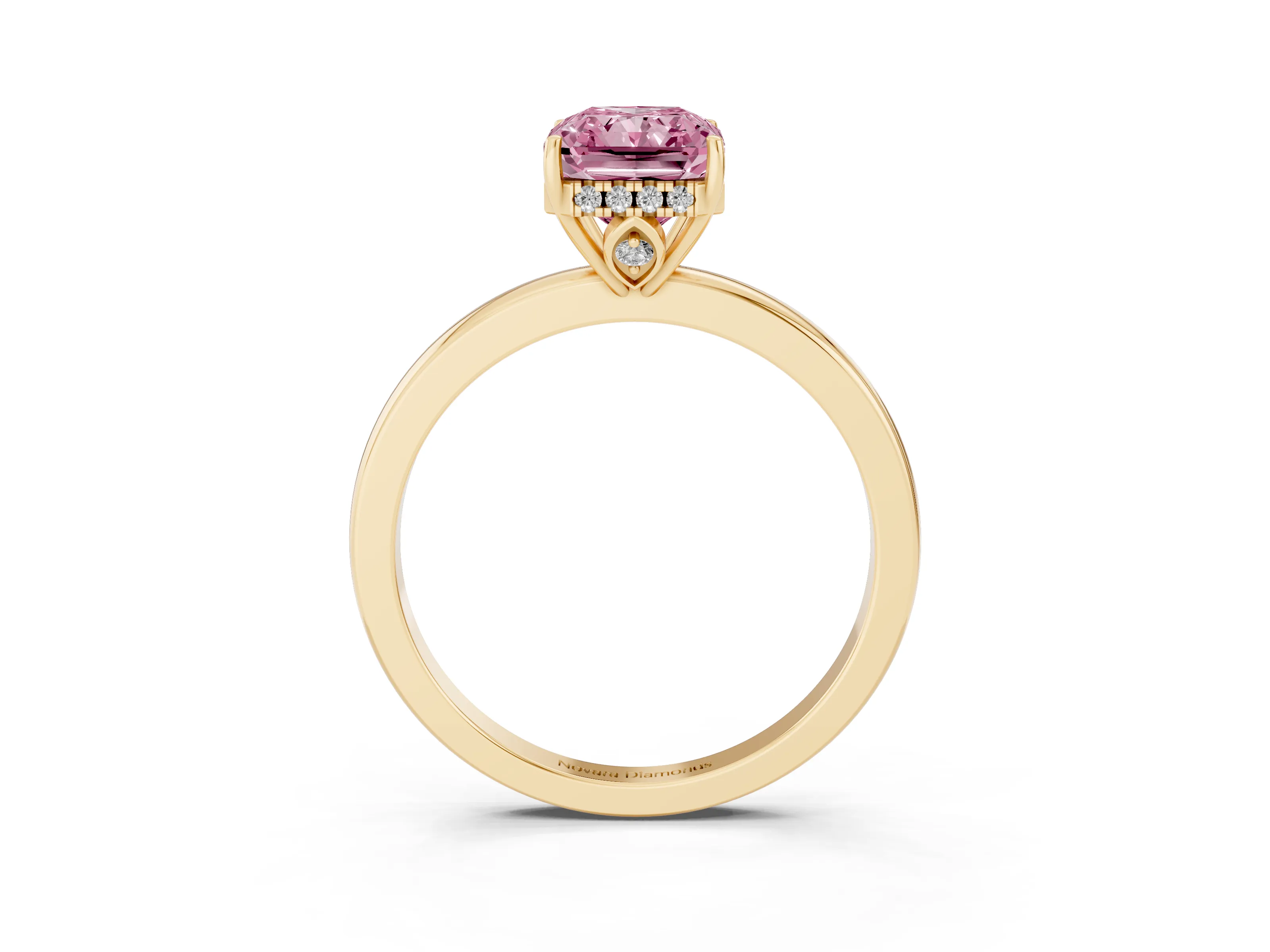 Fancy Pink Radiant Cut Diamond Solitaire Ring Set in Yellow gold with Plain Band and Prong Setting