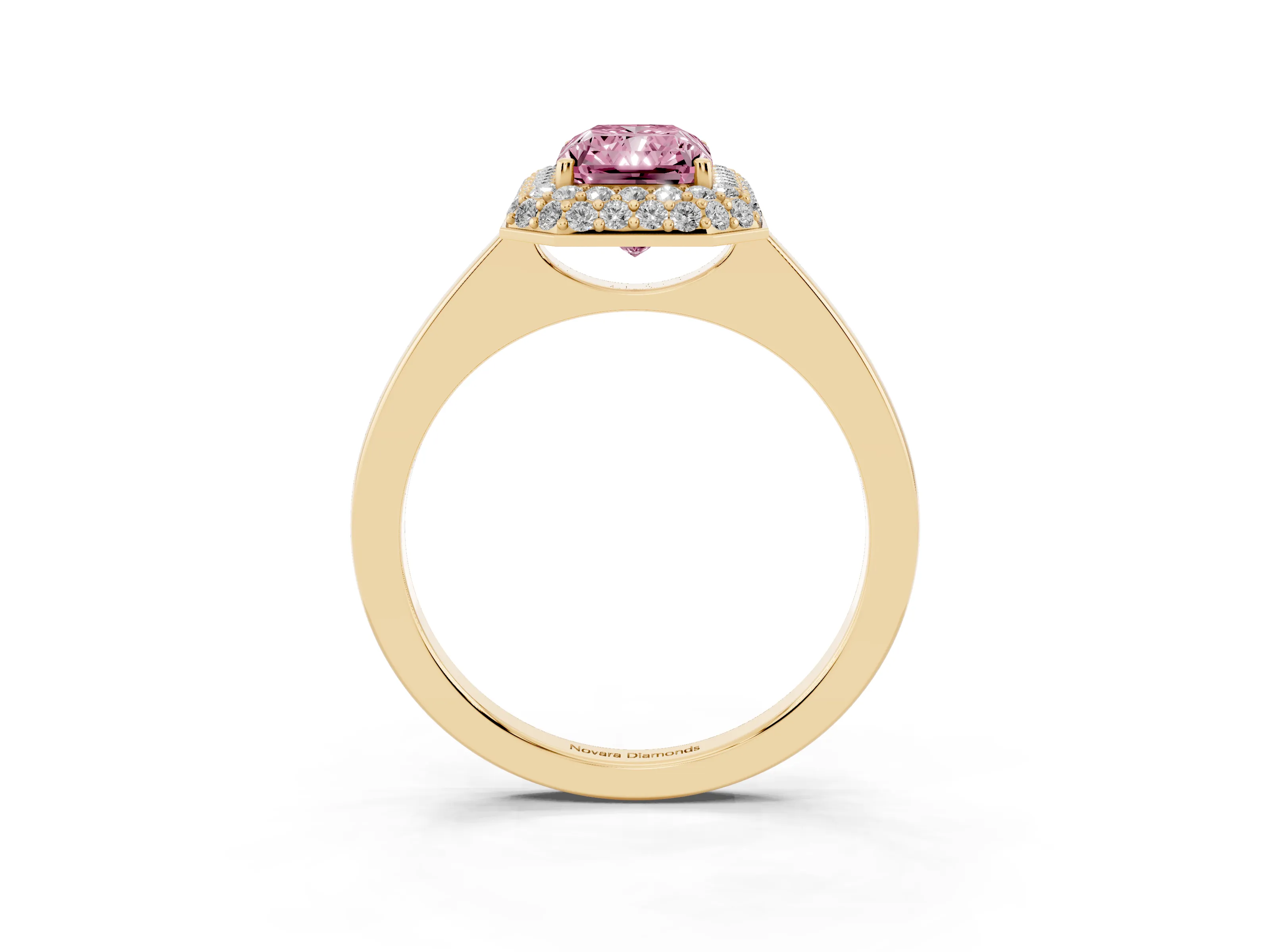 Fancy Pink Radiant Cut Diamond Halo Engagement Ring Set in Yellow gold with Solitaire Band and Prong Setting