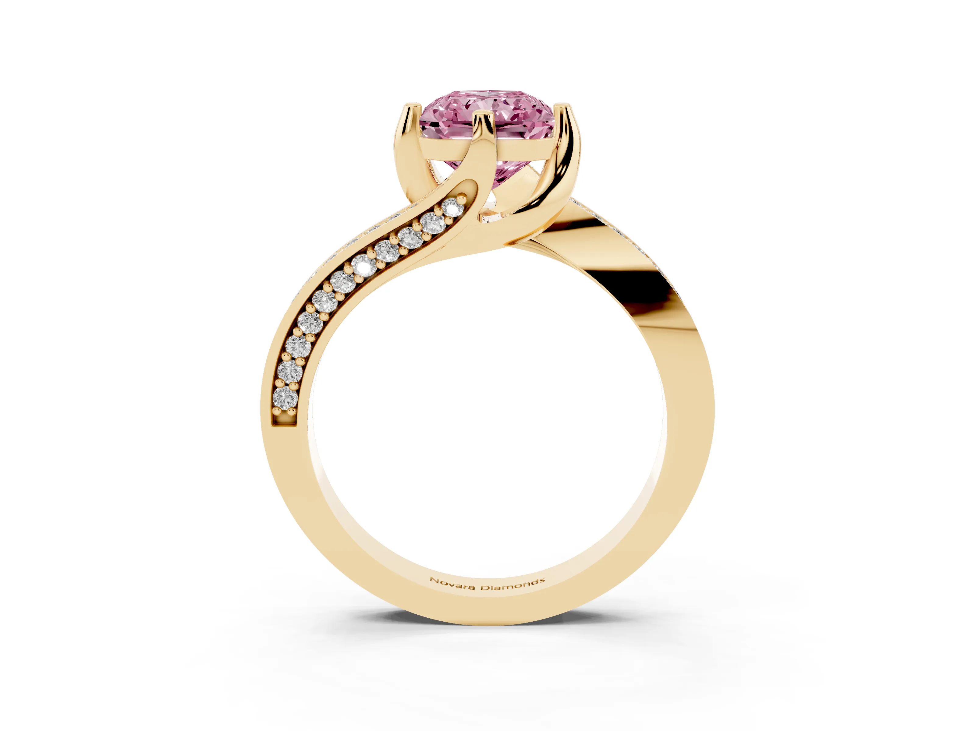 Fancy Pink Radiant Cut Diamond Solitaire Ring Set in Yellow gold with Intertwined Pavé Twist Band