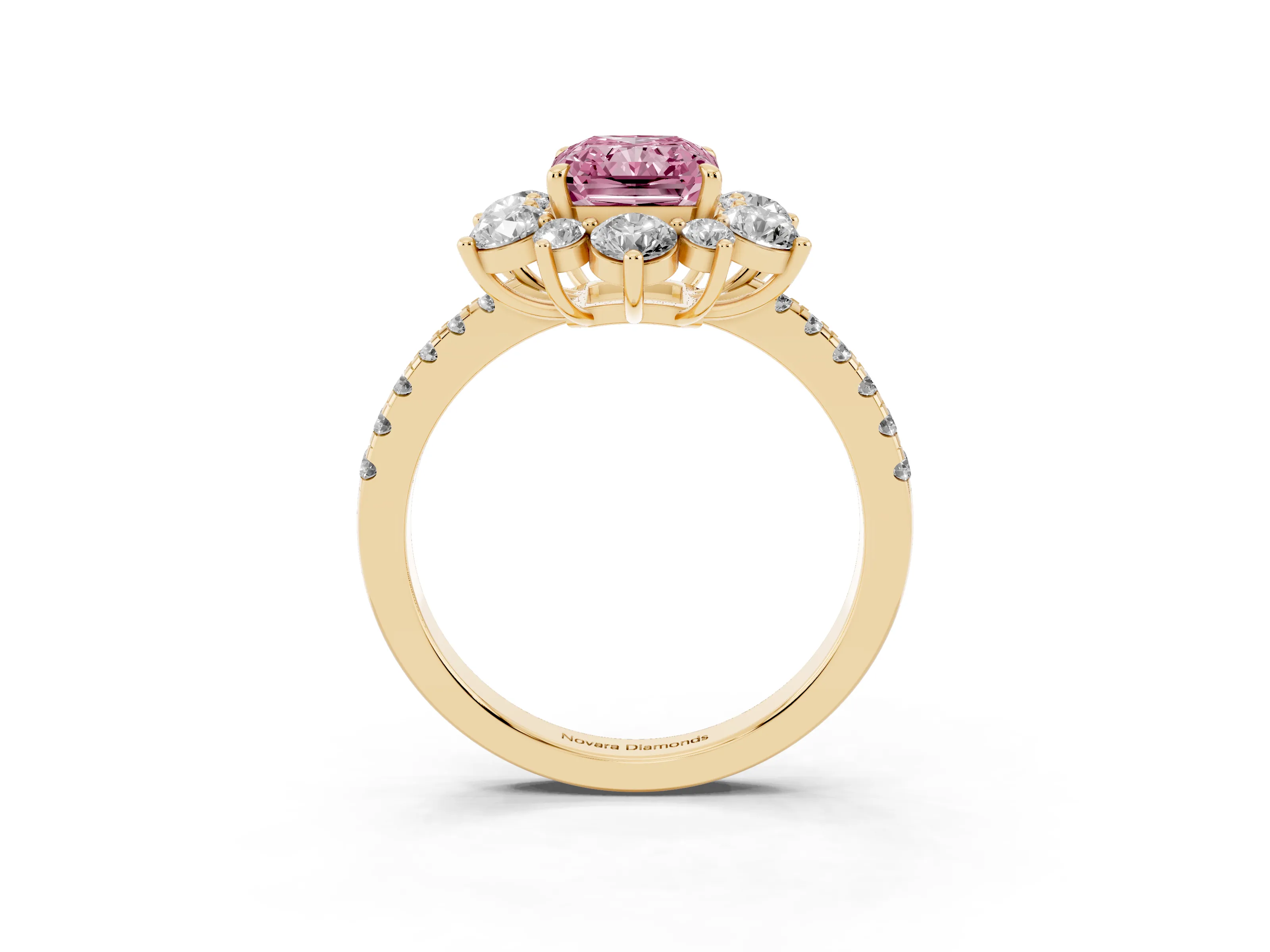 Fancy Pink Radiant Cut Diamond Floral Halo Ring Set in Yellow gold with Round Pavé Band and Prong Setting