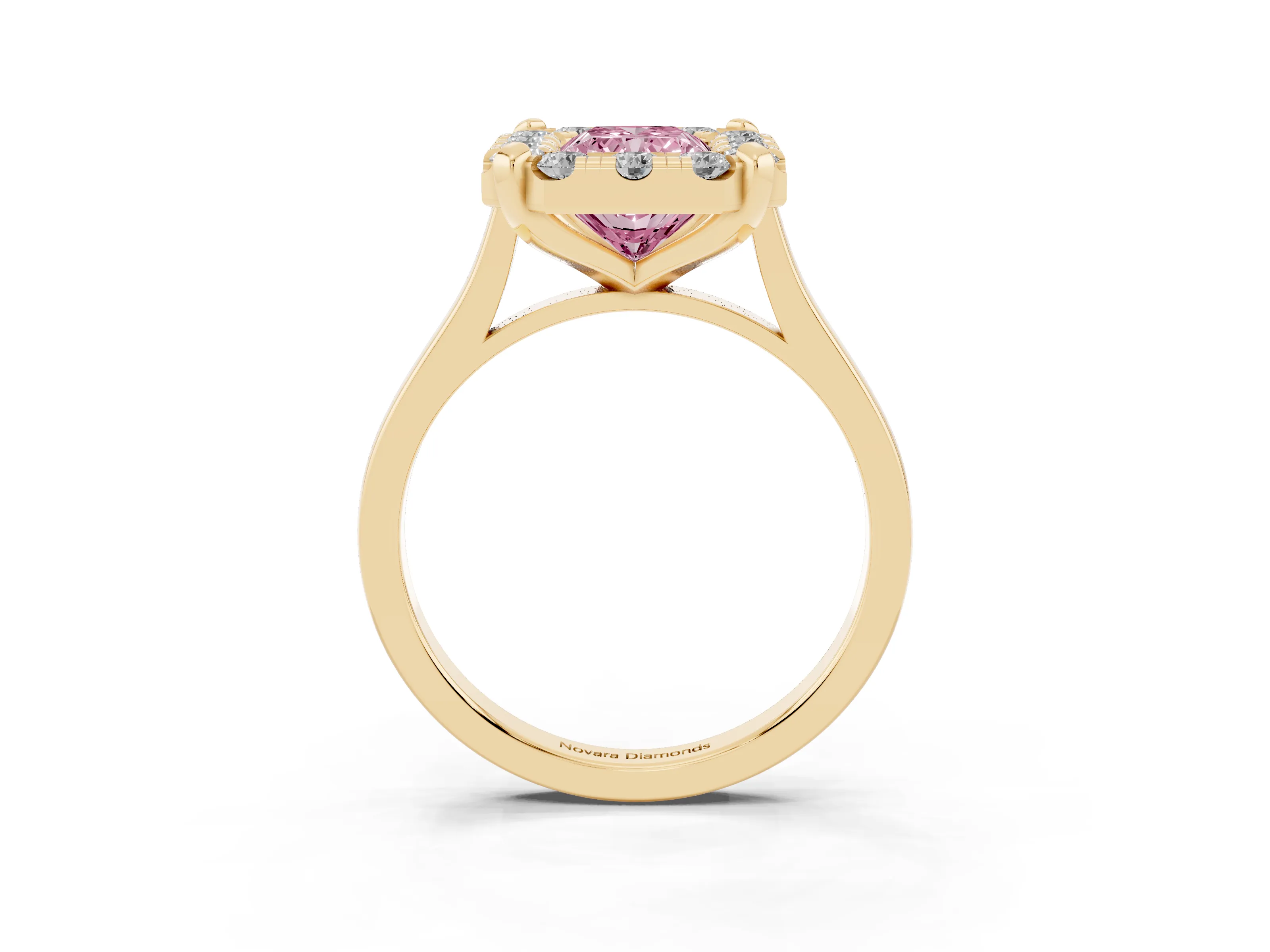 Fancy Pink Radiant Cut Diamond Cluster Halo Solitaire Ring Set in Yellow gold with Prong Setting