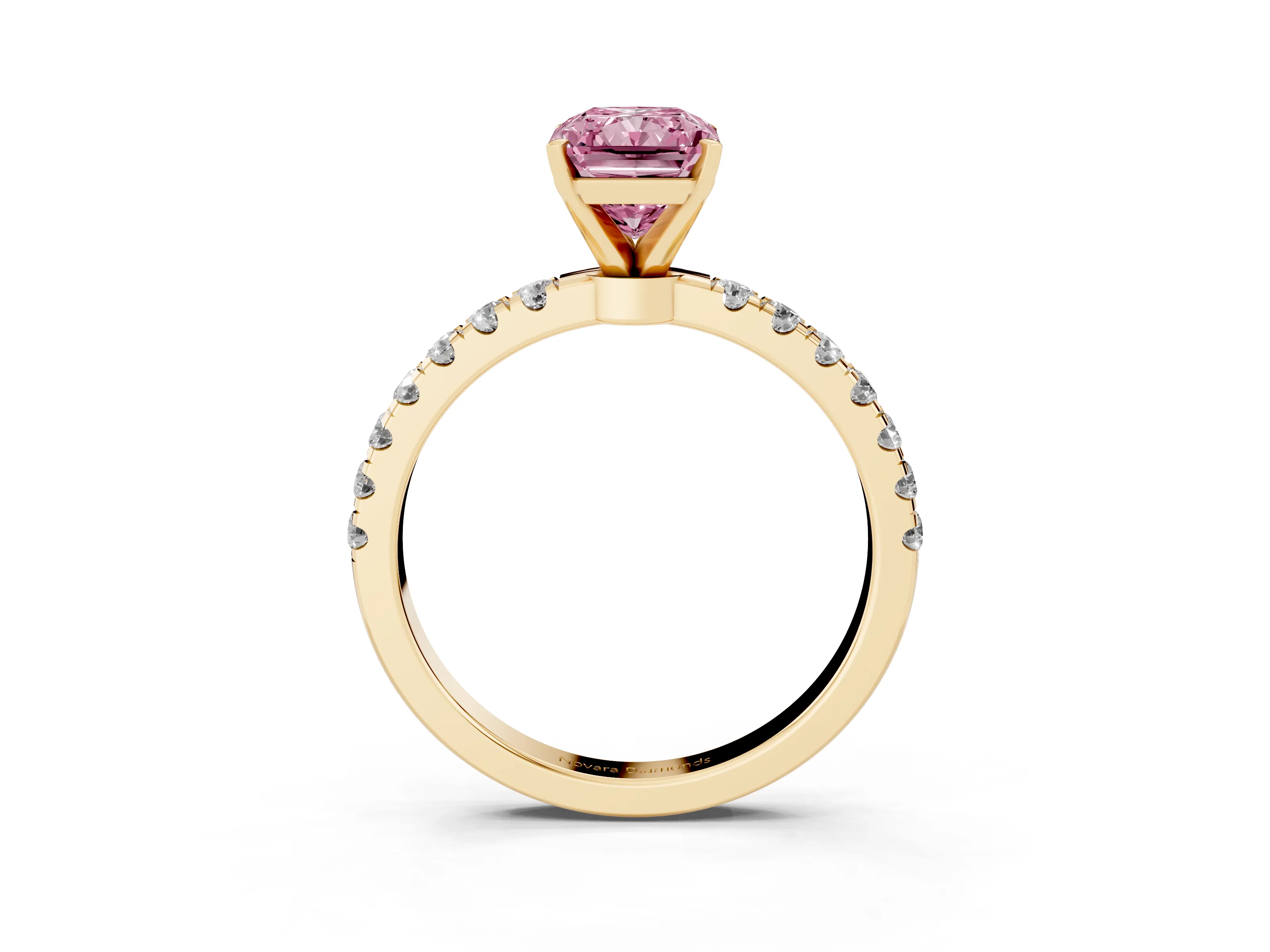 Fancy Pink Radiant Cut Diamond Solitaire Ring Set in Yellow gold with Pavé Accents and Prong Setting