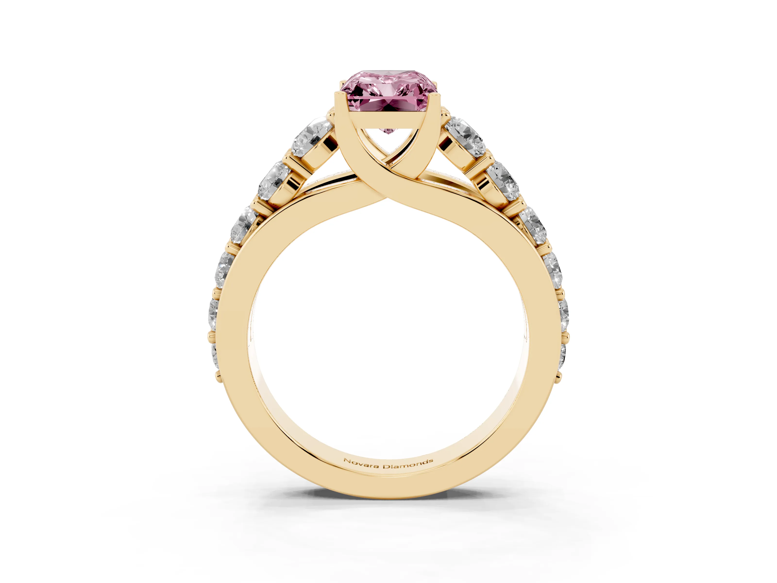 Fancy Pink Radiant Cut Diamond Pavé Engagement Ring Set in Yellow gold with Prong Setting