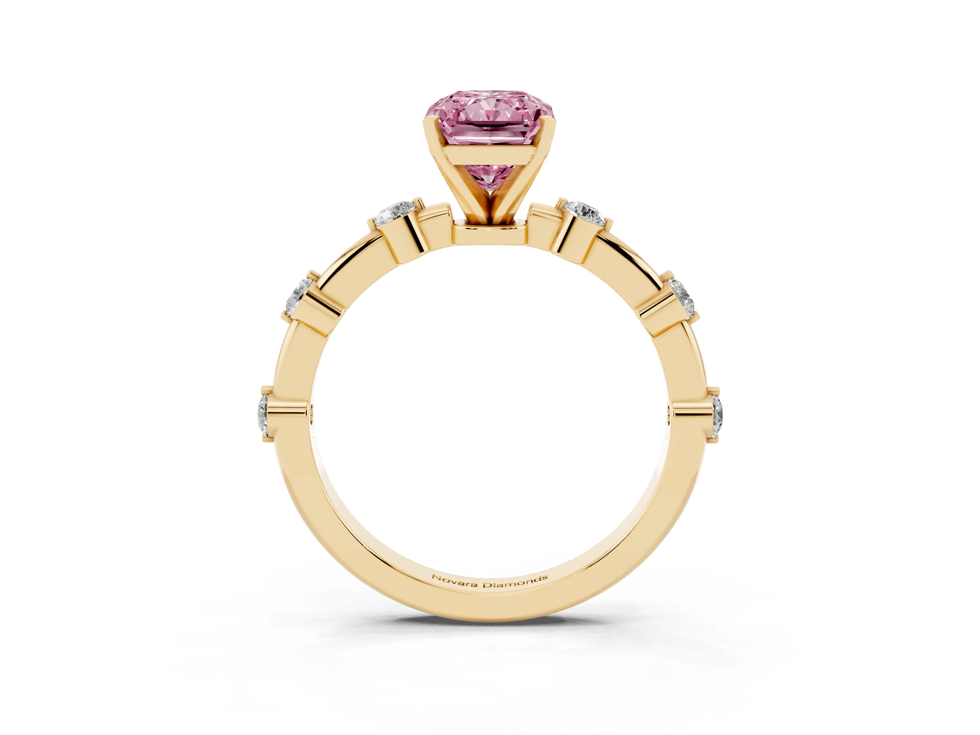 Fancy Pink Radiant Cut Diamond Solitaire Ring Set in Yellow gold with Bezel Set Side Stones and Prong Setting