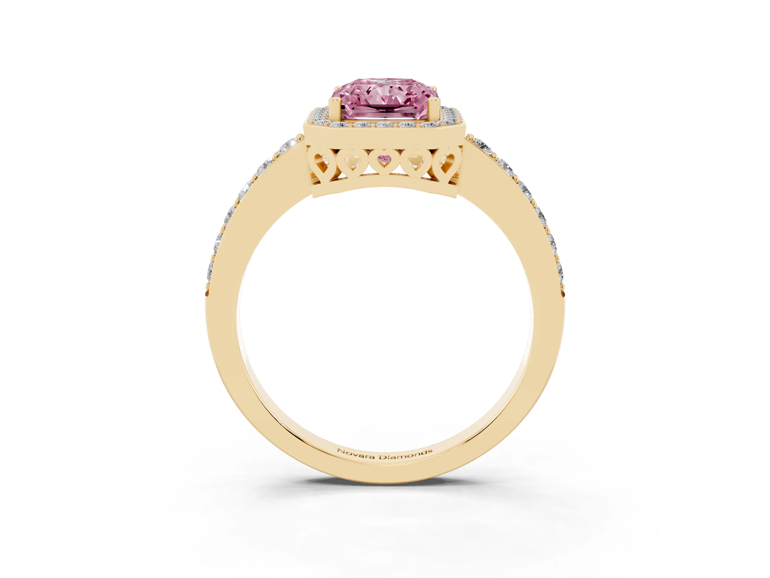 Fancy Pink Radiant Cut Diamond Halo Ring Set in Yellow gold with Pavé-Setting Band and Open Prong Center