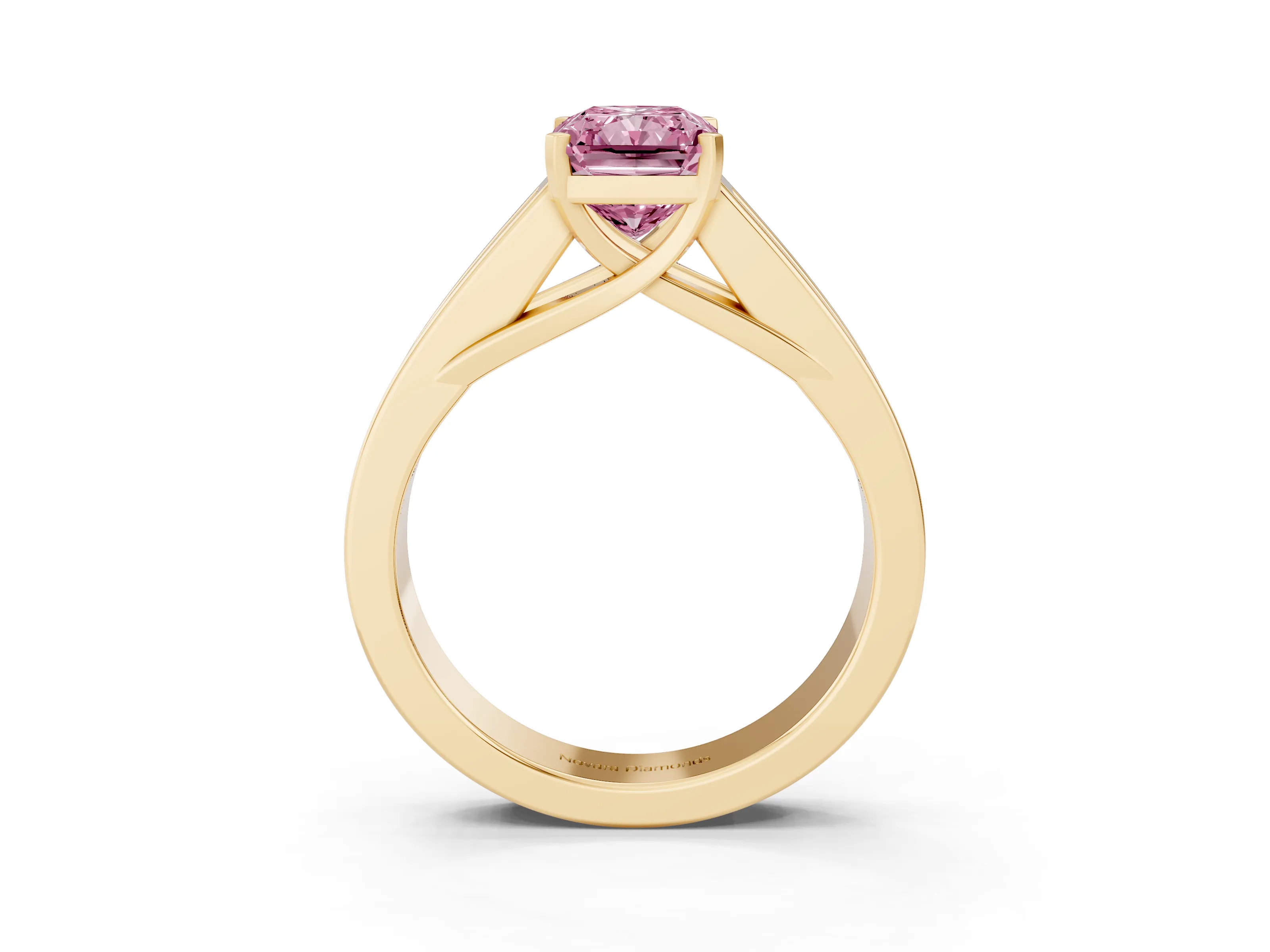 Fancy Pink Radiant Cut Diamond Solitaire Ring Set in Yellow gold with Channel-Set Accent Stones and Prong Setting