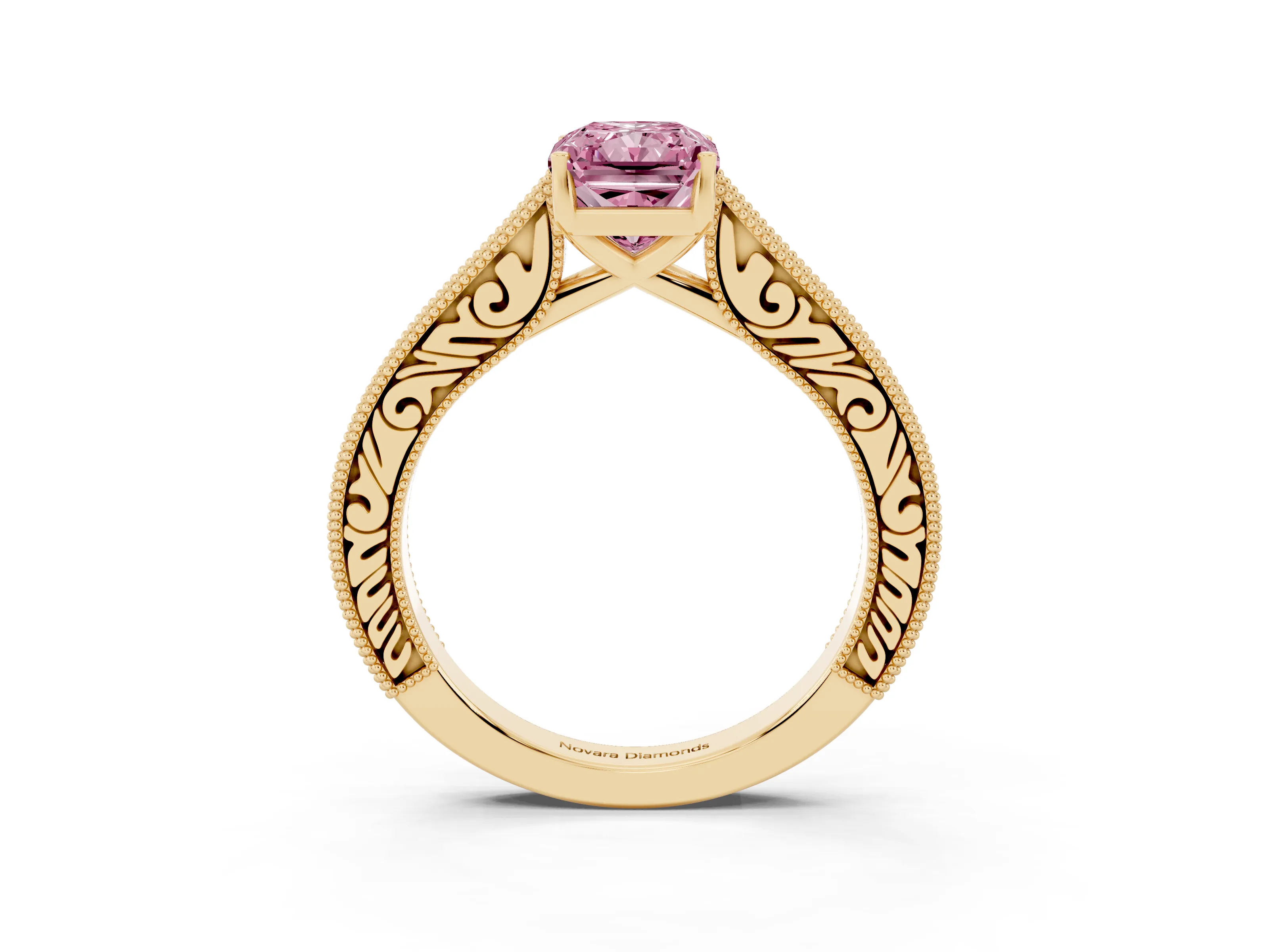 Fancy Pink Radiant Cut Diamond Milgrain Pavé Band Solitaire Ring Set in Yellow gold with Prong Setting