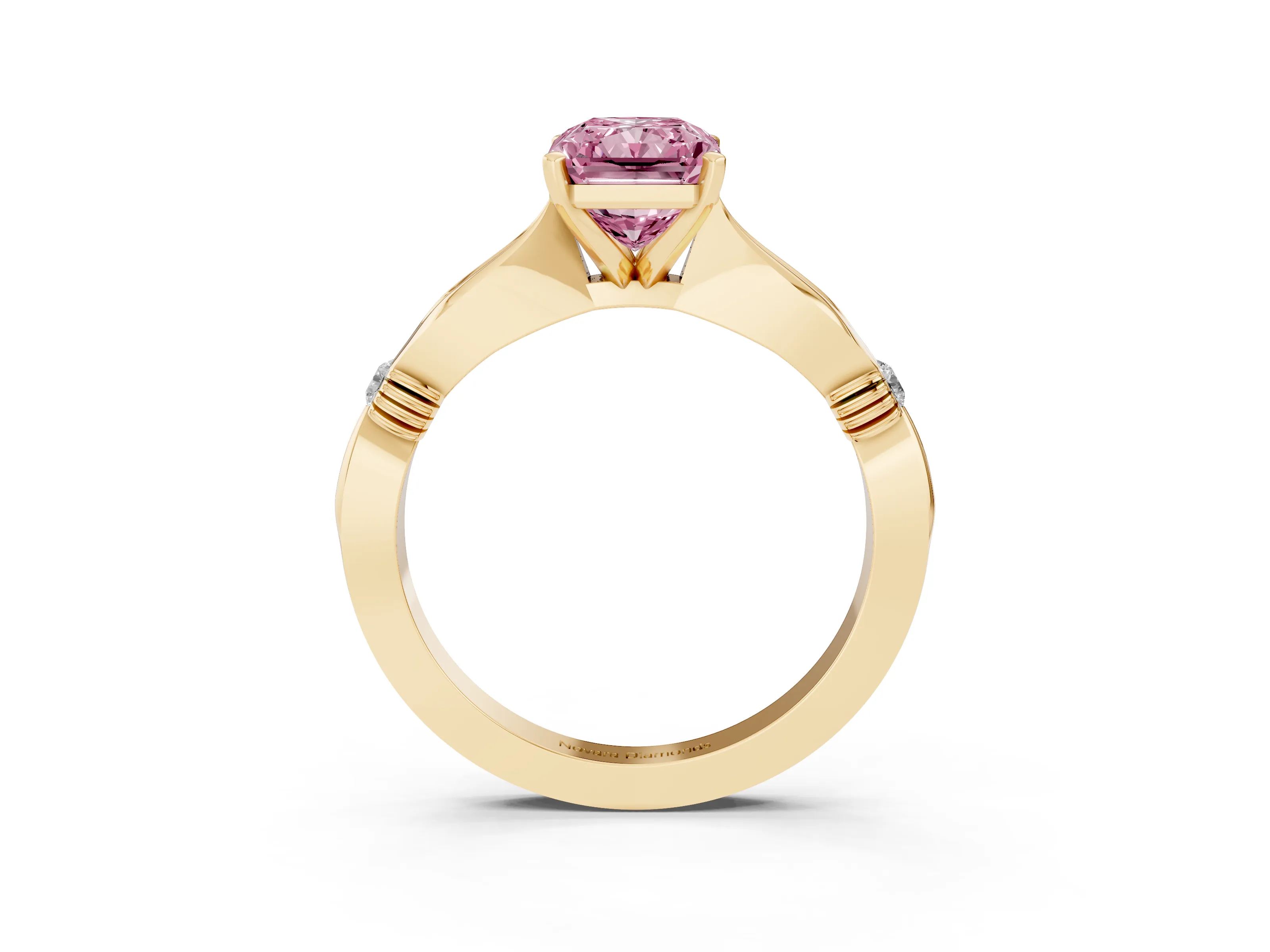 Fancy Pink Radiant Cut Diamond Solitaire Twisted Band Ring Set in Yellow gold with Accent Stones and Prong Setting