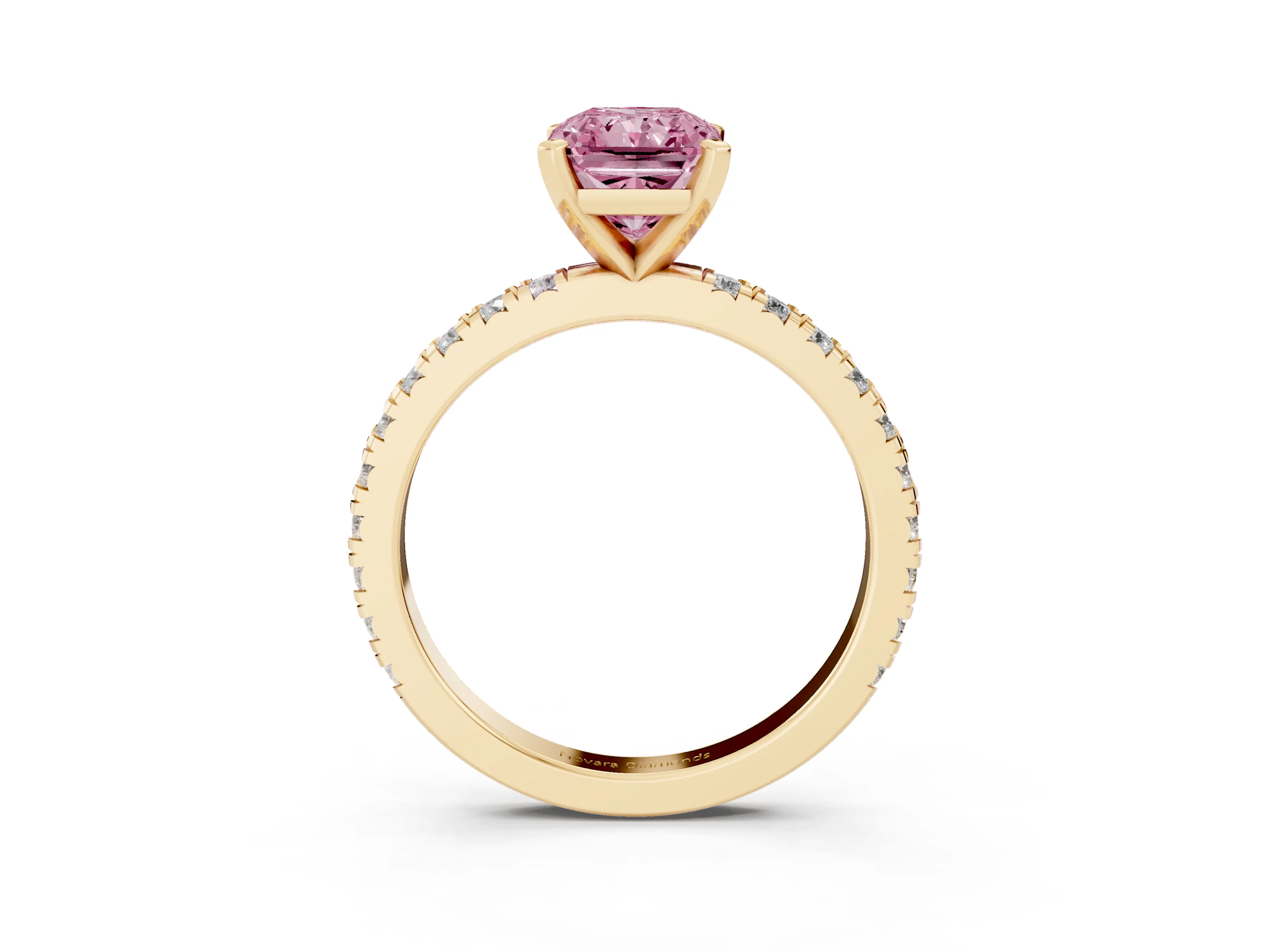 Fancy Pink Radiant Cut Diamond Pavé Band Solitaire Set in Yellow gold with Prong Setting
